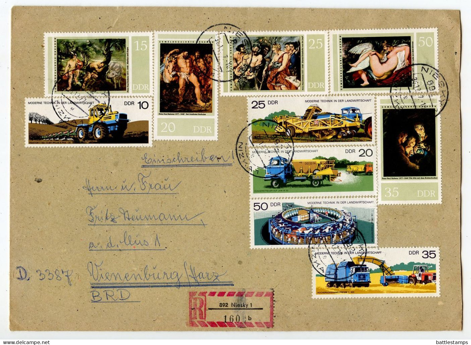 Germany, East 1977 Registered Cover; Niesky To Vienenburg; Stamps - Peter Paul Rubens Art & Modern Farm Machinery - Covers & Documents