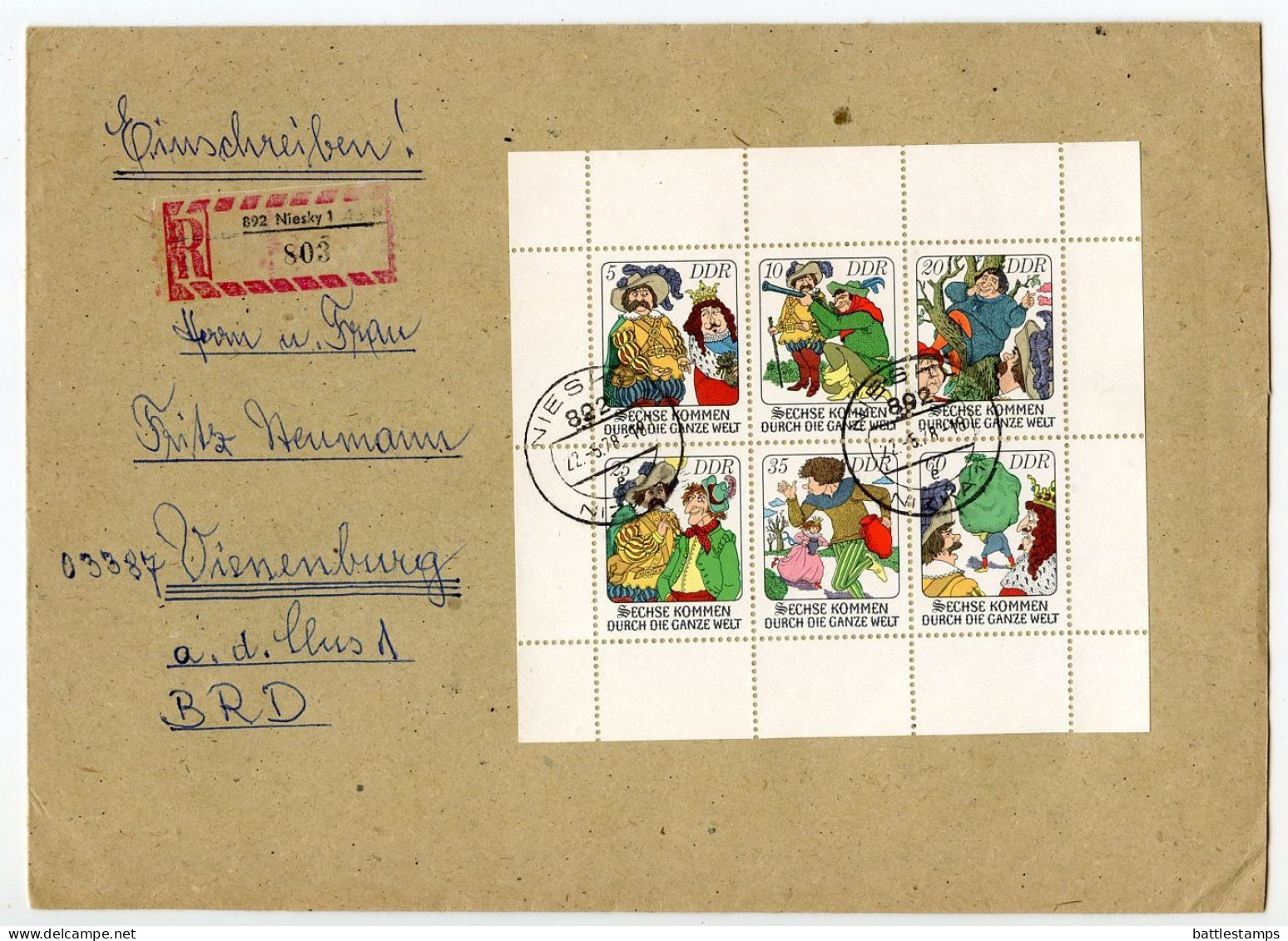 Germany, East 1978 Registered Cover; Niesky To Vienenburg; Stamps - Six Men Around The World Fairy Tale, Block Of 6 - Covers & Documents