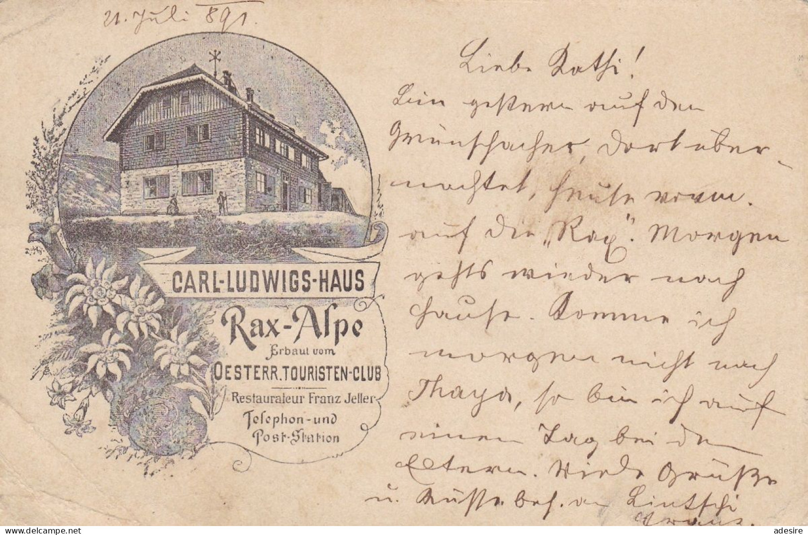 NÖ - RAX ALPE - Litho 1891, Karl Ludwigs Haus, Österr.Touristen Club Tel.u. Poststation, Karte Mit 2 Kreuzer Frank ... - Raxgebiet
