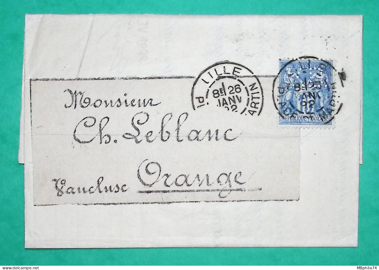 N°90 SAGE PERFORE VD VERLEY DECROIX LILLE NORD POUR ORANGE VAUCLUSE 1892 LETTRE COVER FRANCE - Covers & Documents