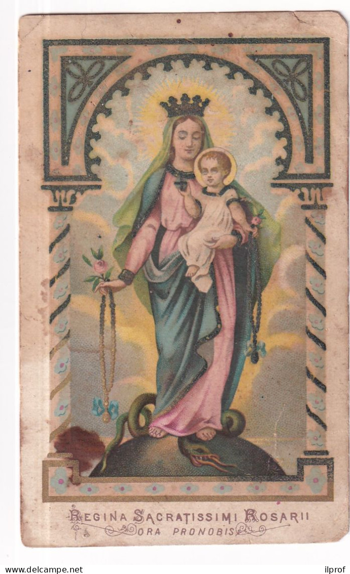 Madonna Del Rosario- Vecchio Santino Cartonato Con Dorature, Macchie A Retro - Rif. S388 - Religione & Esoterismo