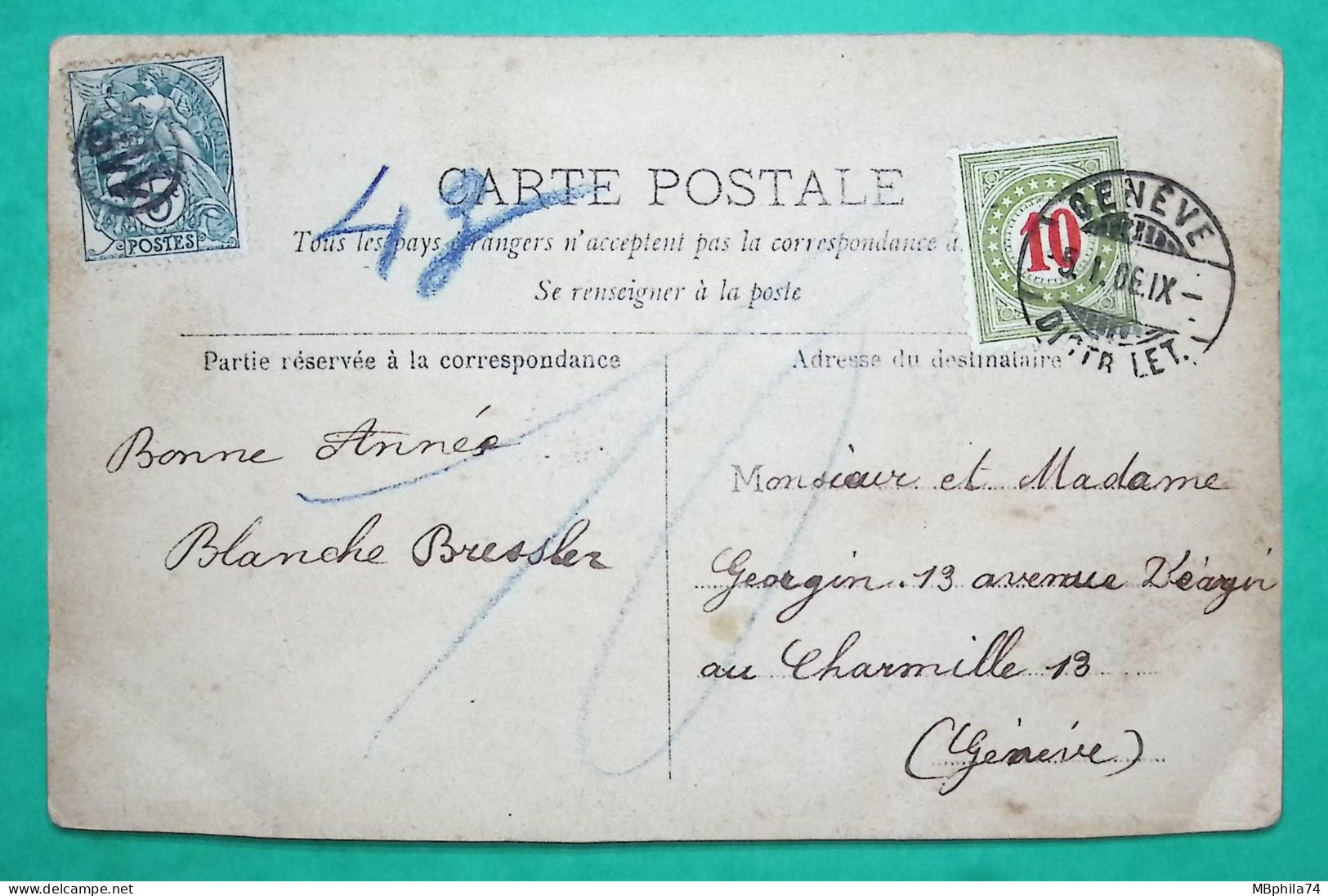 N°111 BLANC OBLITERATION JOUR DE L'AN 118 CERCLE PARIS TAXE SUISSE 10C CARTE POSTALE POUR GENEVE 1906 COVER FRANCE - 1859-1959 Lettres & Documents