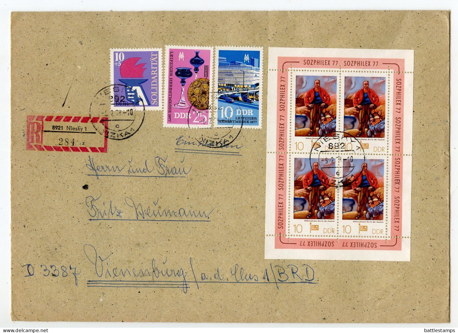 Germany East 1978 Registered Cover; Niesky To Vienenburg; Mix Of Stamps - SOZPHILEX 77, Leipzig Fall Fair, Solidarity - Storia Postale