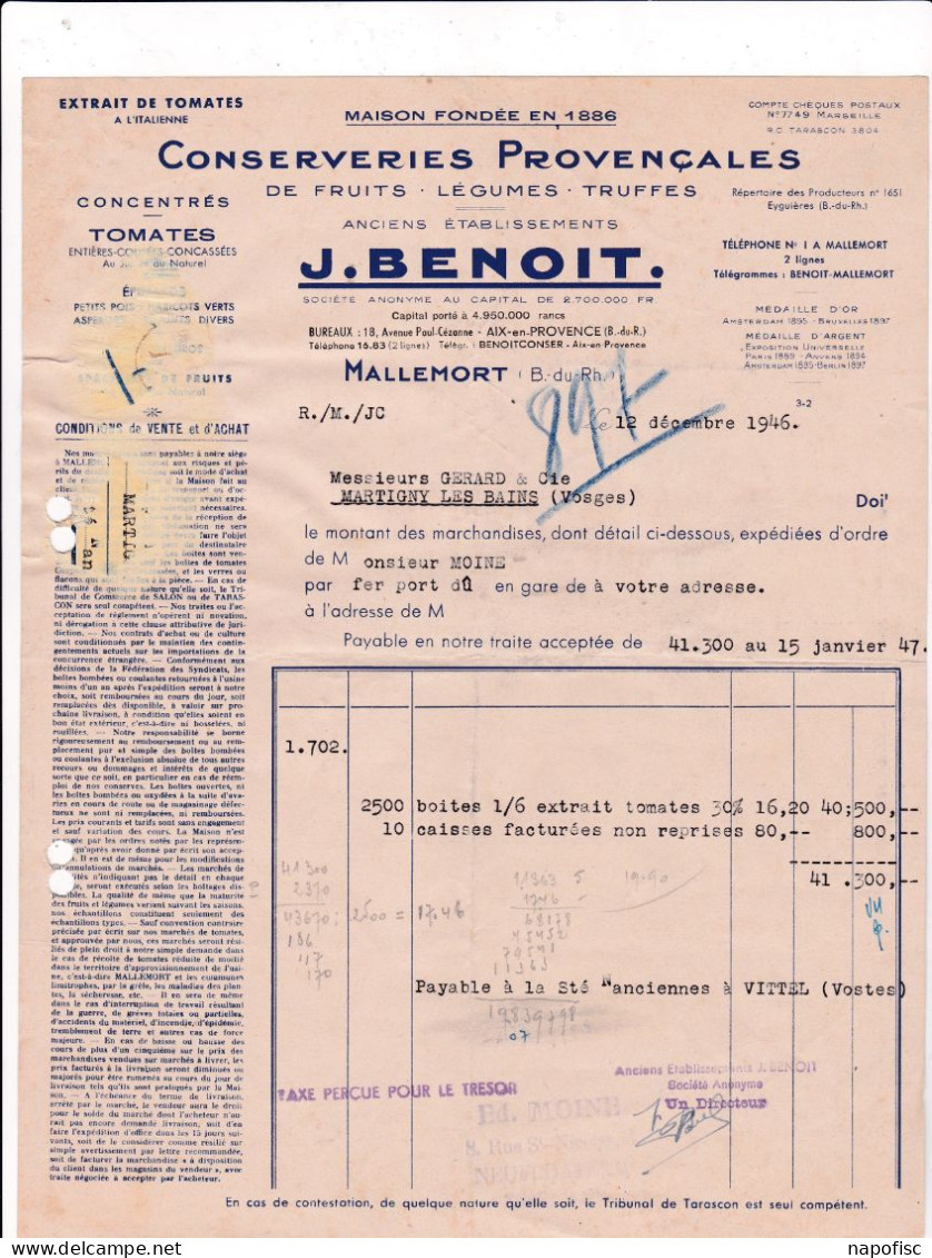 13-J.Benoit...Conserveries Provençales Fruits, Légumes, Truffes...Mallemort..(Bouches-du-Rhône)...1946 - Alimentaire