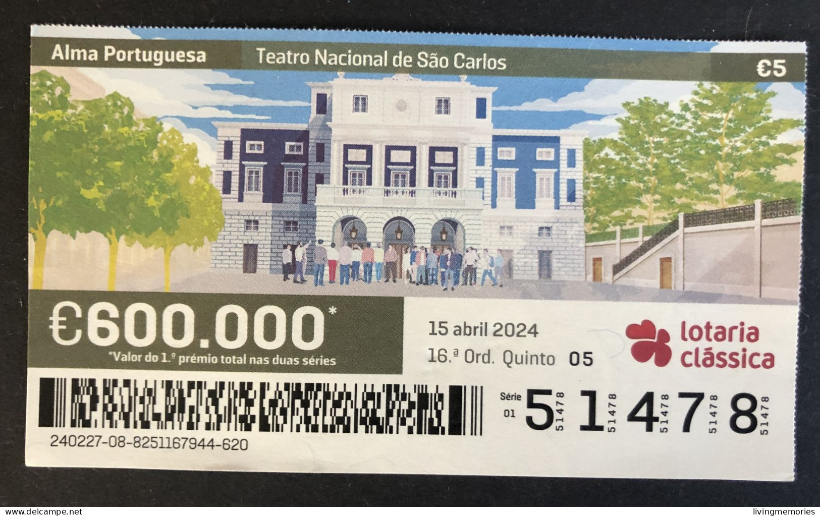 116 Z, 1 X Lottery Ticket, Portugal, « Alma Portuguesa »,« Portuguese Soul », « Teatro Nacional De São Carlos », 2024 - Billetes De Lotería