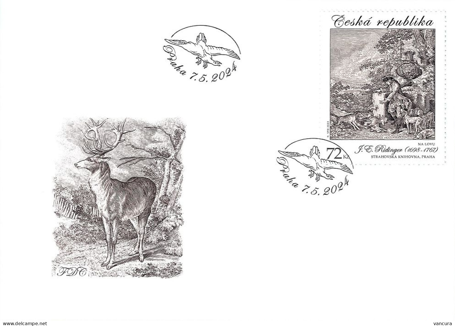 FDC 1262 - 3 Czech Republic J. E. Ridinger, Hunting Graphic Art 2024 - Gravuren