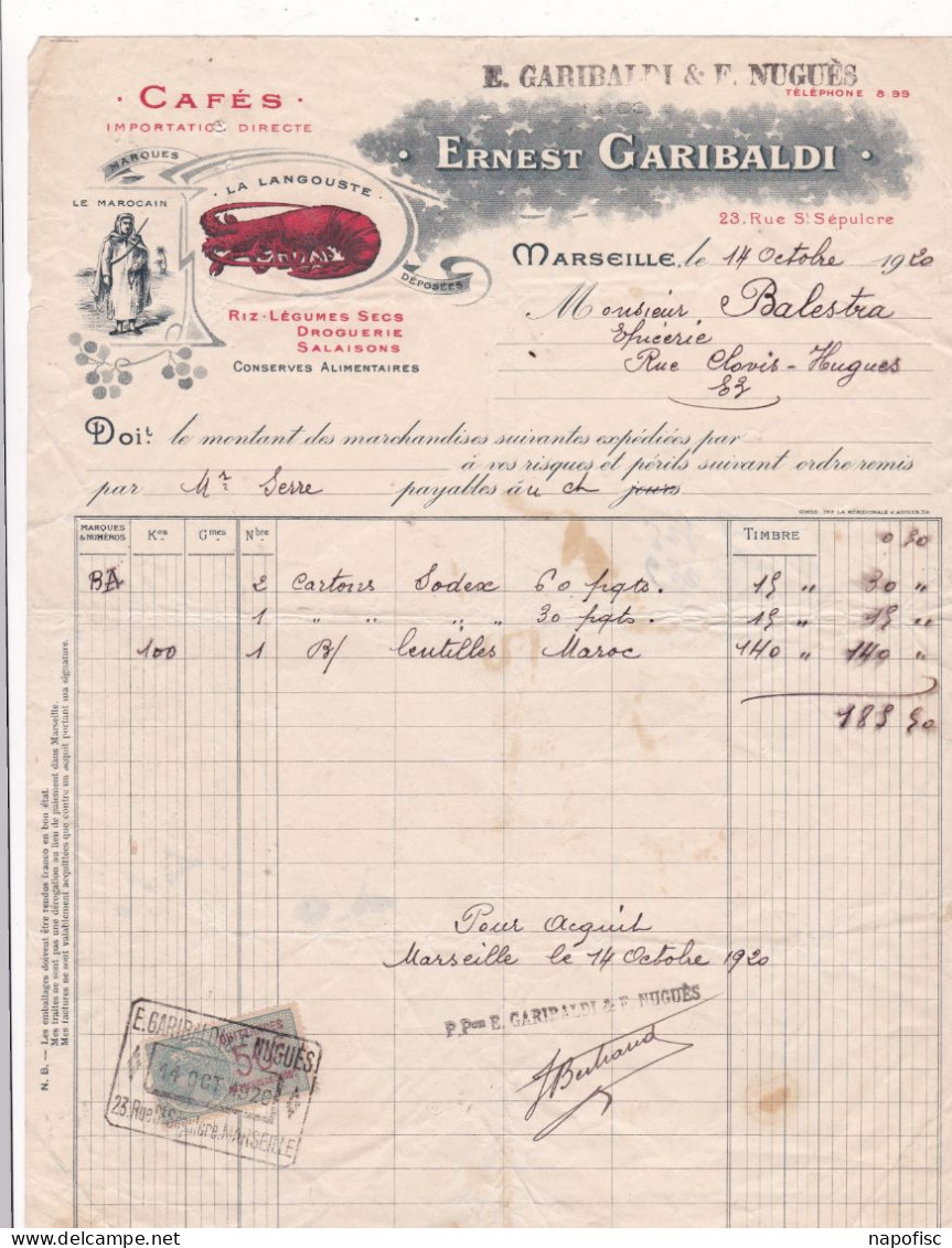 13-E.Garibaldi....Cafés, Conserves Alimentaires " Le Marocain " " La Langouste " ..Marseille.(Bouches-du-Rhône)...1920 - Alimentaire