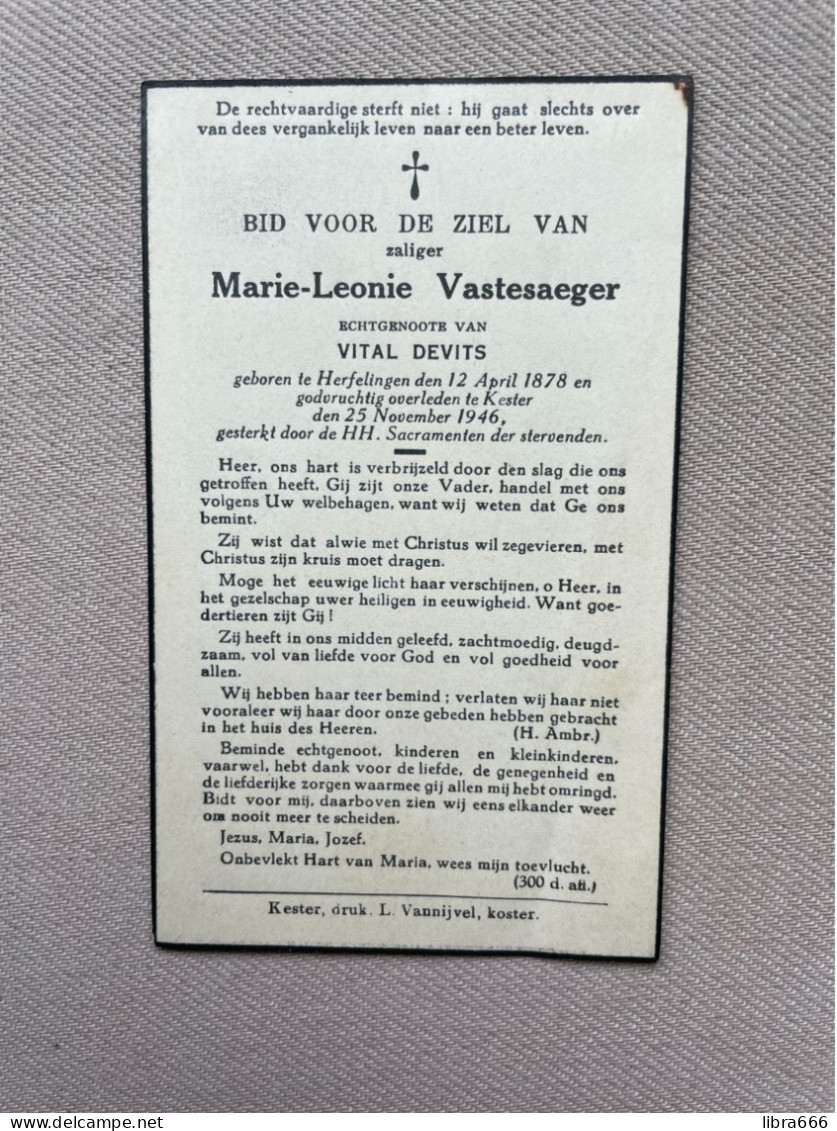 VASTESAEGER Marie Leonie °HERFELINGEN 1878 +KESTER 1946 - DEVITS - Avvisi Di Necrologio