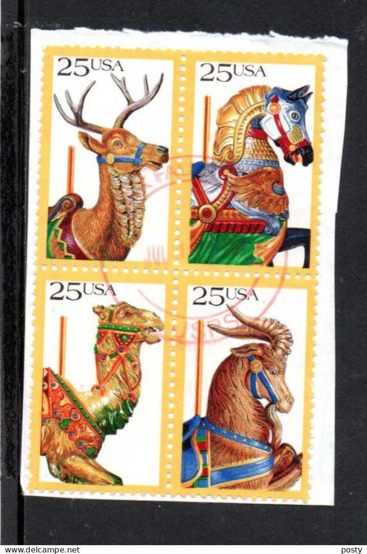 ETATS-UNIS - USA - 1988 - ANIMAUX DE MANEGES - Used - Oblitéré - Unstucked - Sur Fragment - Bloc De 4 - Bloc - - Gebraucht