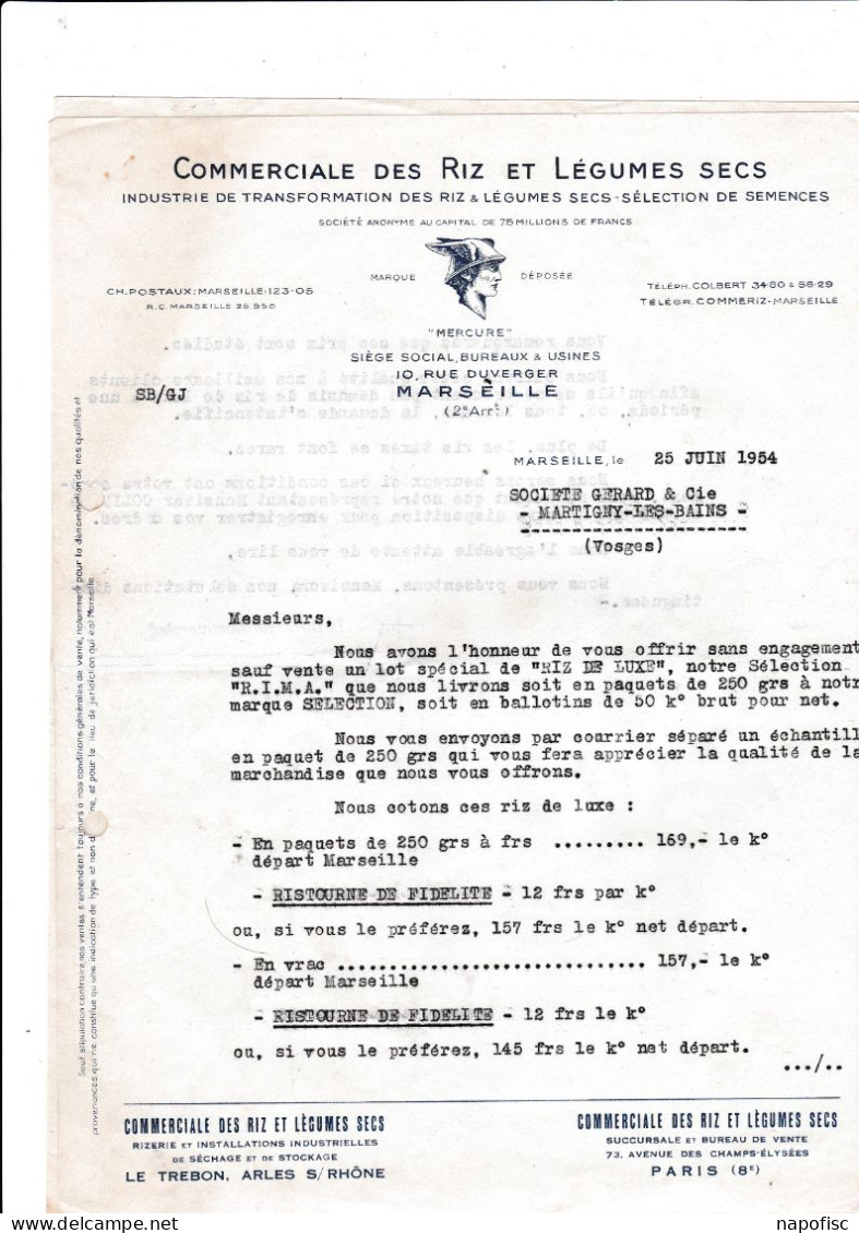 13-Commerciale Des Riz & Légumes Secs ..Marseille...(Bouches-du-Rhône)...1954 - Alimentos