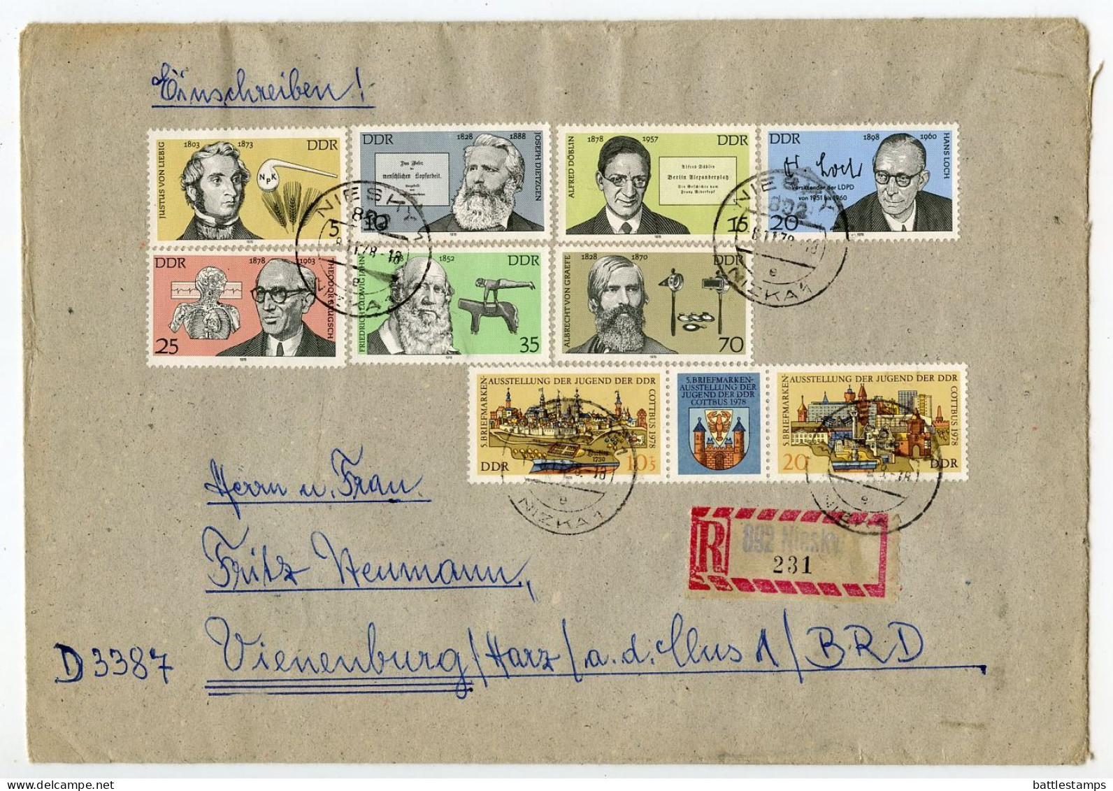 Germany East 1978 Registered Cover; Niesky To Vienenburg; Stamps - Cottbus Se-tenet & Famous Germans (full Set) - Storia Postale