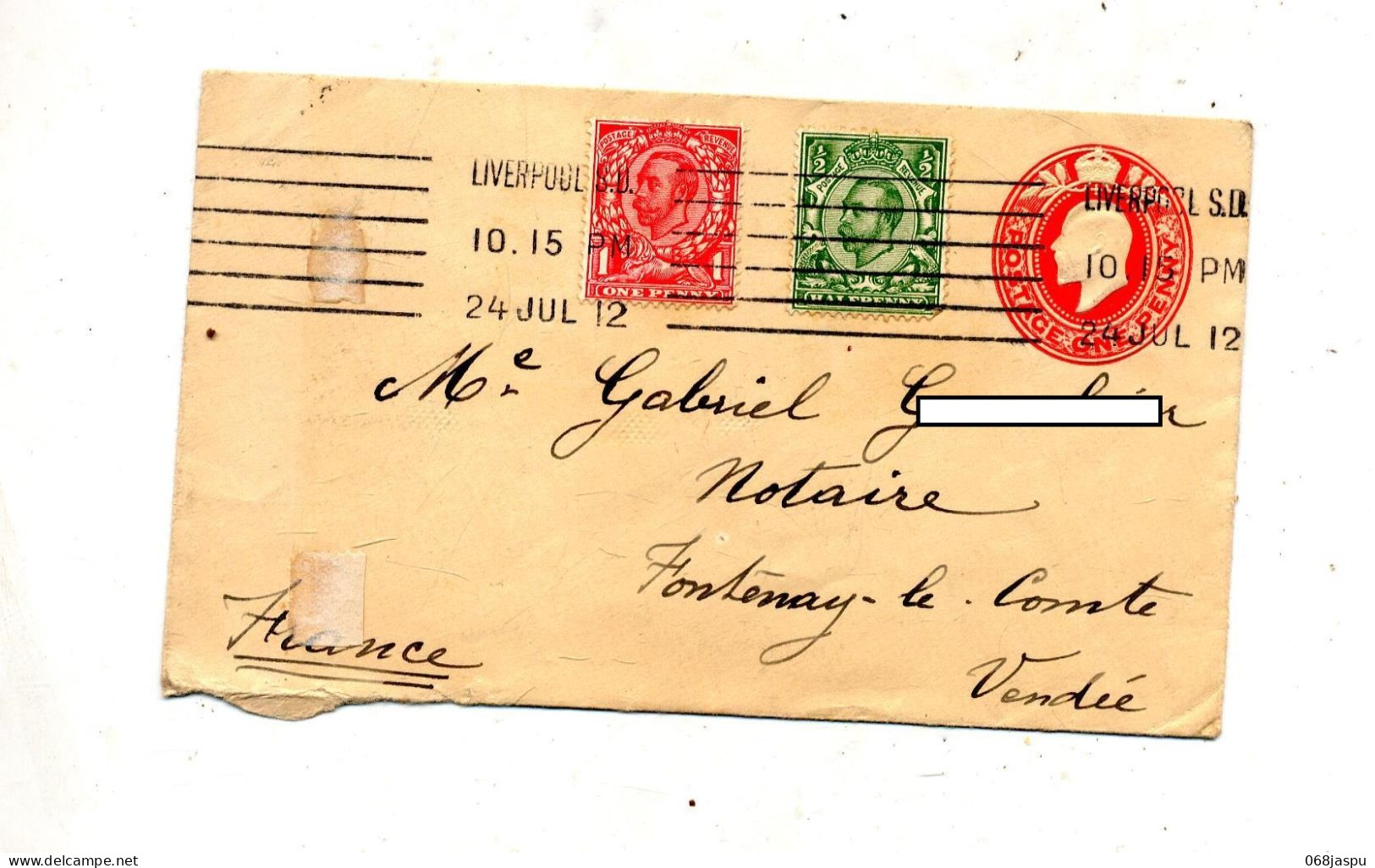 Lettre Entiere 1 P Roi + Timbre Flamme Muette Liverpool - Interi Postali