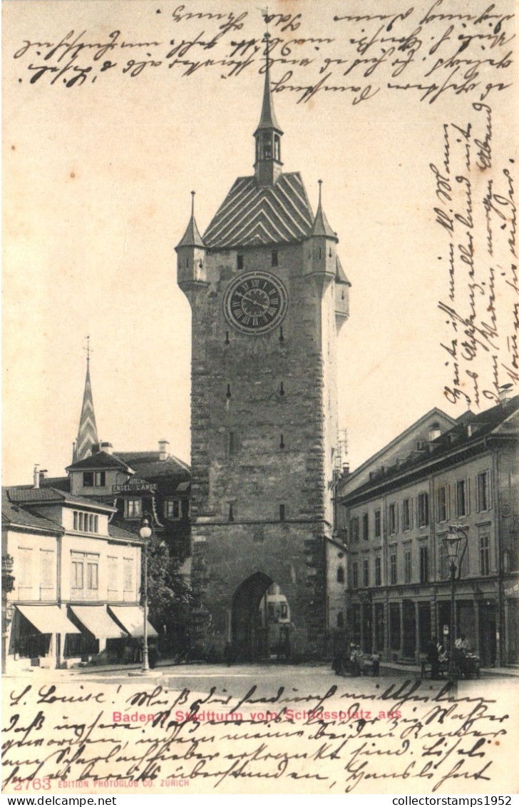 BADEN, TOWER WITH CLOCK, GATE, ARCHITECTURE, SWITZERLAND, POSTCARD - Baden