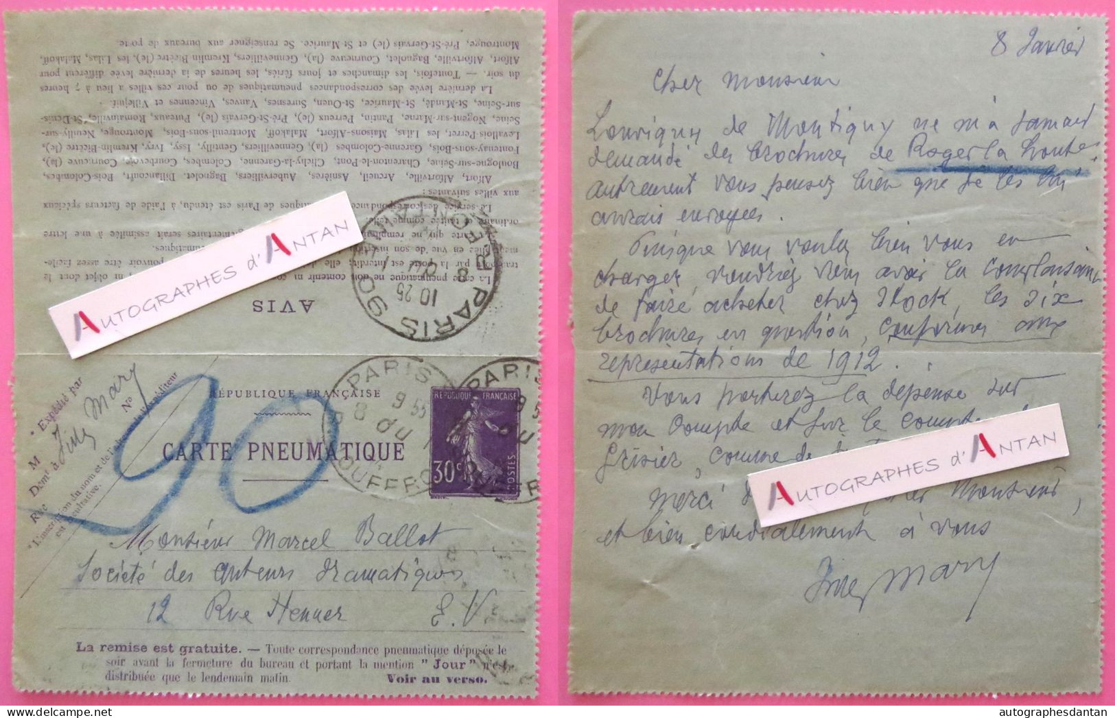 ● Jules MARY écrivain Carte Pneumatique Entier Postal Semeuse 30c à Marcel Ballot - Louvigny De Montigny - Lettre - Schriftsteller