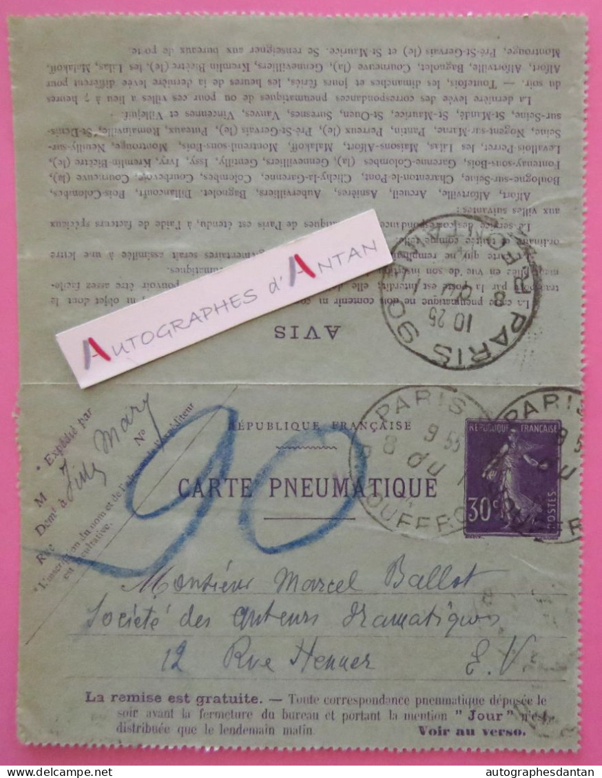 ● Jules MARY écrivain Carte Pneumatique Entier Postal Semeuse 30c à Marcel Ballot - Louvigny De Montigny - Lettre - Writers