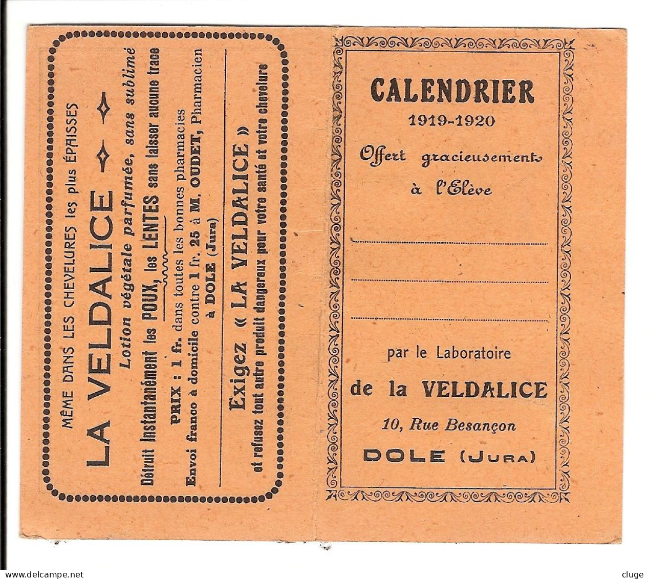 39 - DOLE - CALENDRIER SCOLAIRE - 1919 / 1920 - Laboratoire De La Verdalice  - Offert à L' Elève - Affiches