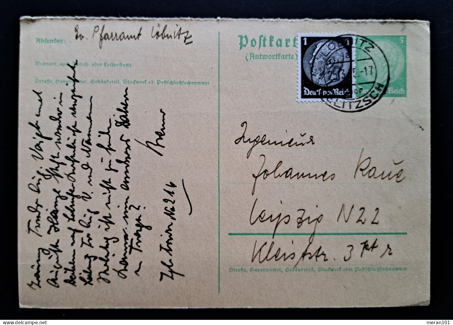 Deutsches Reich 1935, Postkarte P228A  LÖBNITZ Zusatzfrankatur - Postcards