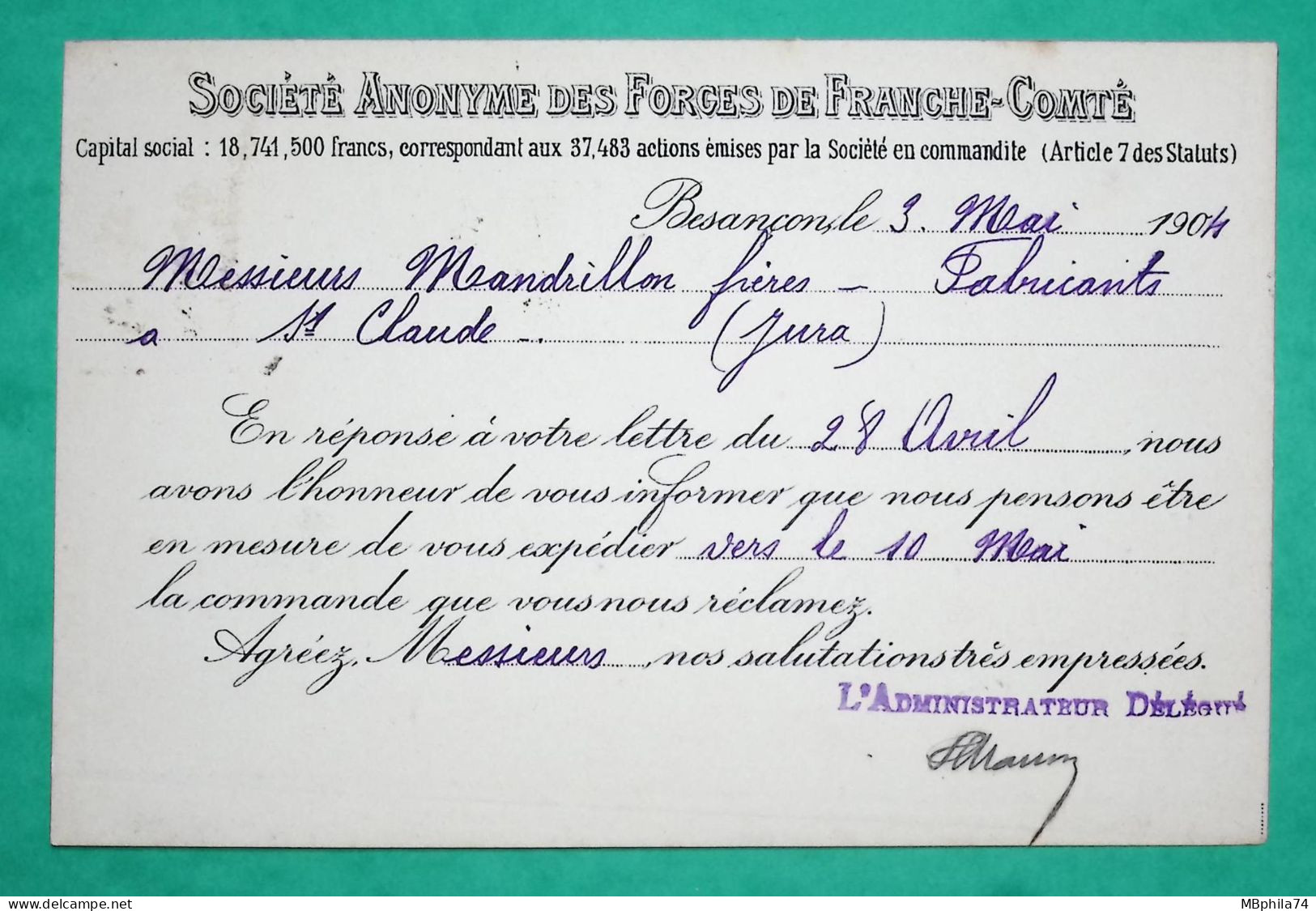 N°129 SEMEUSE PERFORE FC FORGES DE FRANCHE COMTE CARTE POSTALE PRIVEE BESANCON DOUBS POUR ST CLAUDE JURA 1904 FRANCE - Lettres & Documents