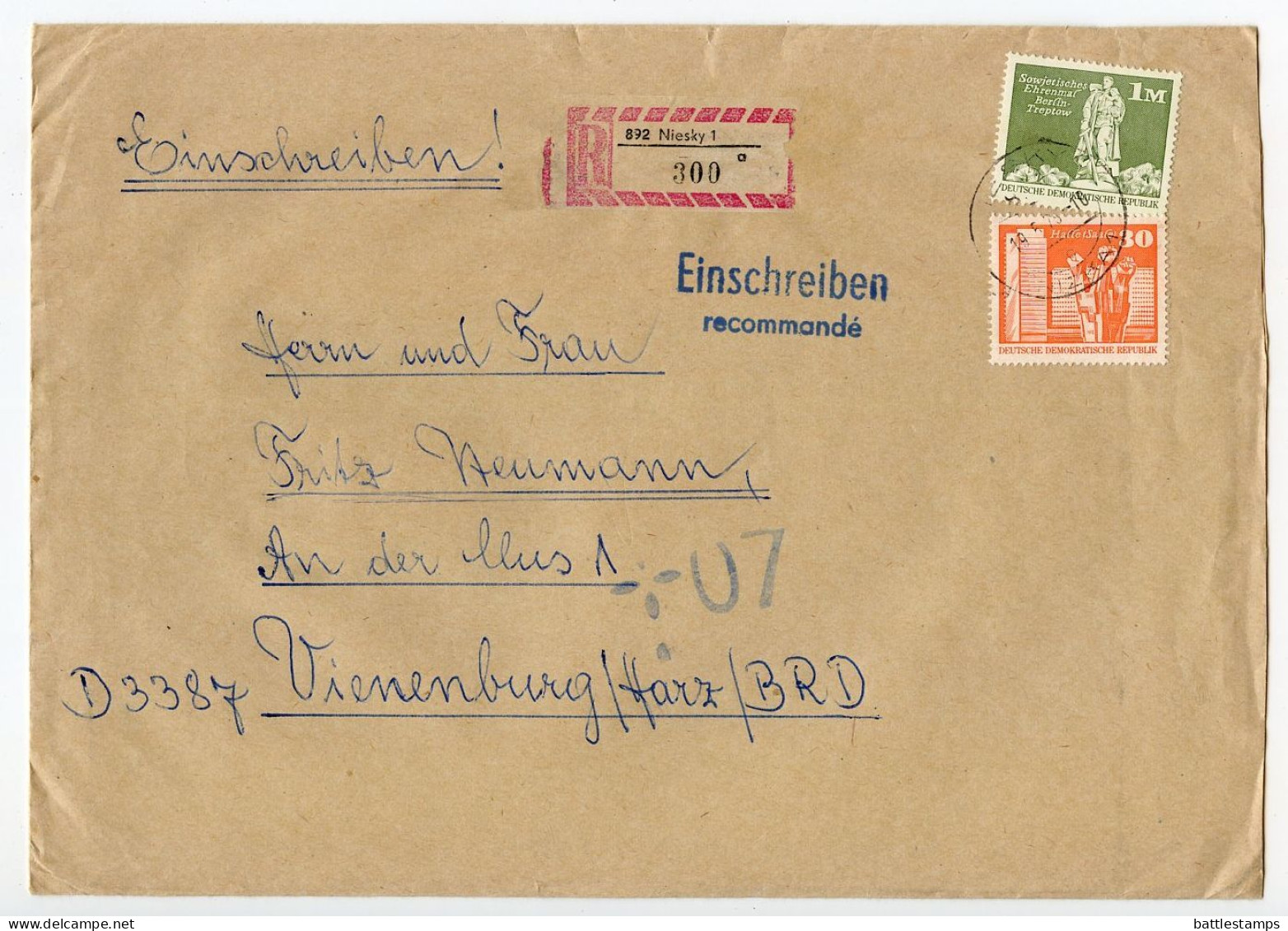 Germany East 1979 Registered Cover; Niesky To Vienenburg; Stamps - 30pf. Halle (Saale) & 1m. Soviet War Memorial - Brieven En Documenten