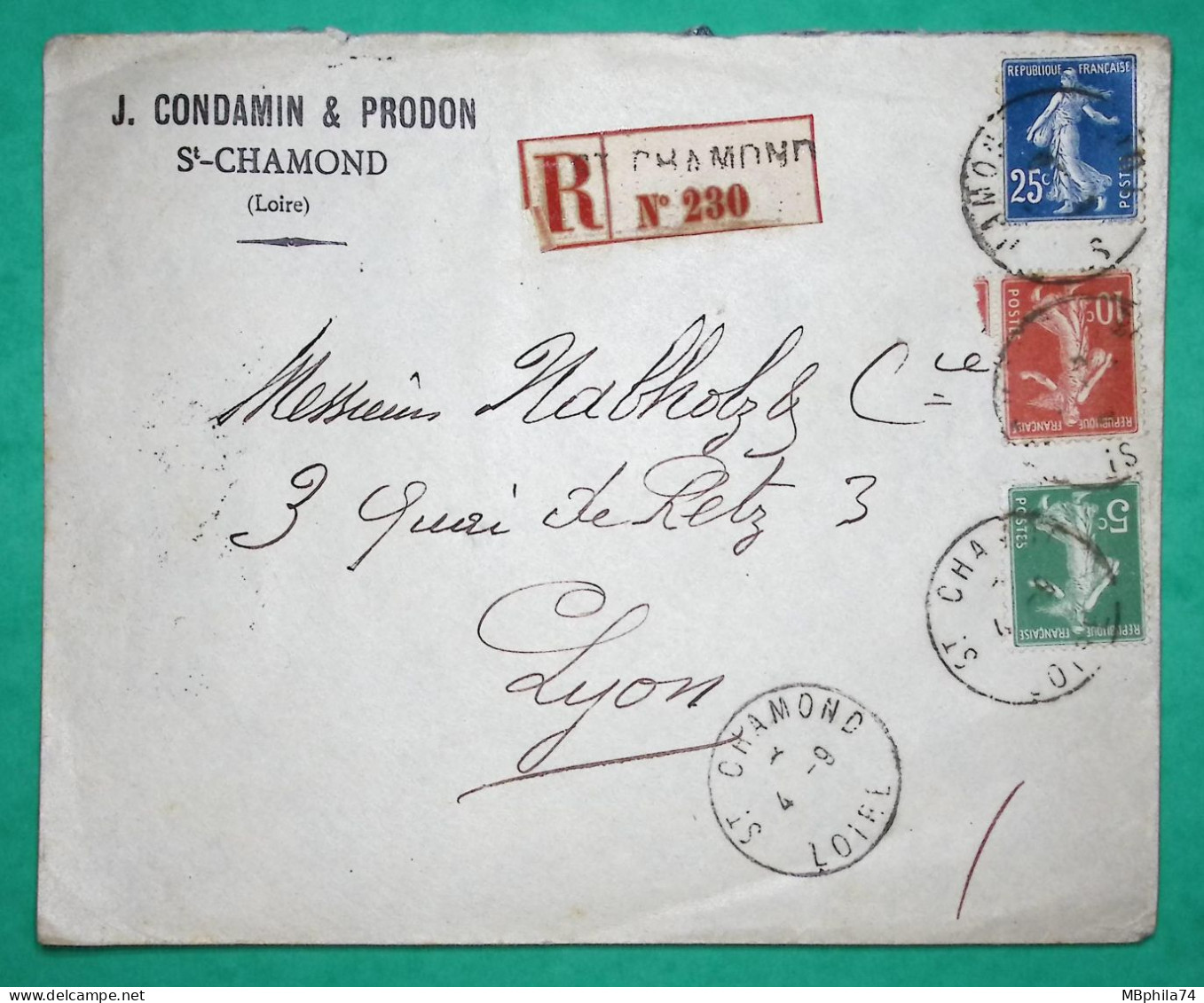 N°137 + 138 + 140 SEMEUSE TRICOLORE RECOMMANDE ST CHAMOND LOIRE POUR LYON RHONE 1915 LETTRE COVER FRANCE - 1906-38 Sower - Cameo