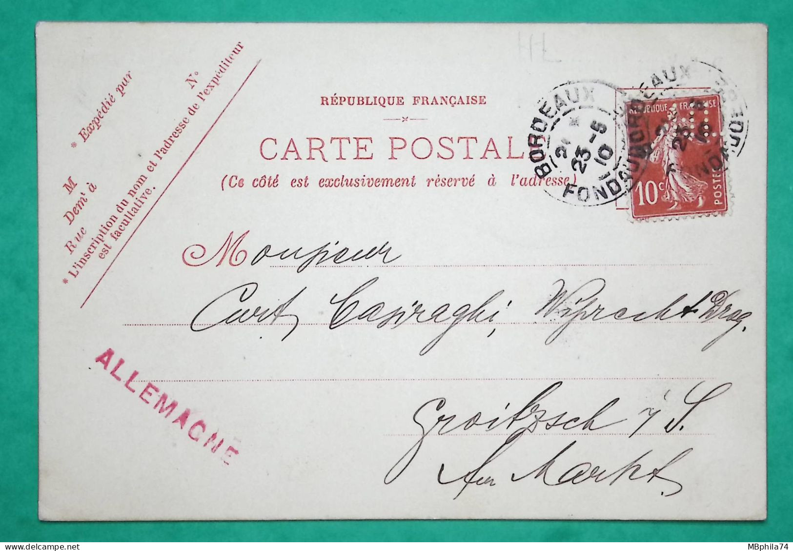 N°138 SEMEUSE PERFORE HL BOUSCAT BORDEAUX VINS CARTE POSTALE PRIVE POUR ALLEMAGNE 1910 LETTRE COVER FRANCE - Covers & Documents