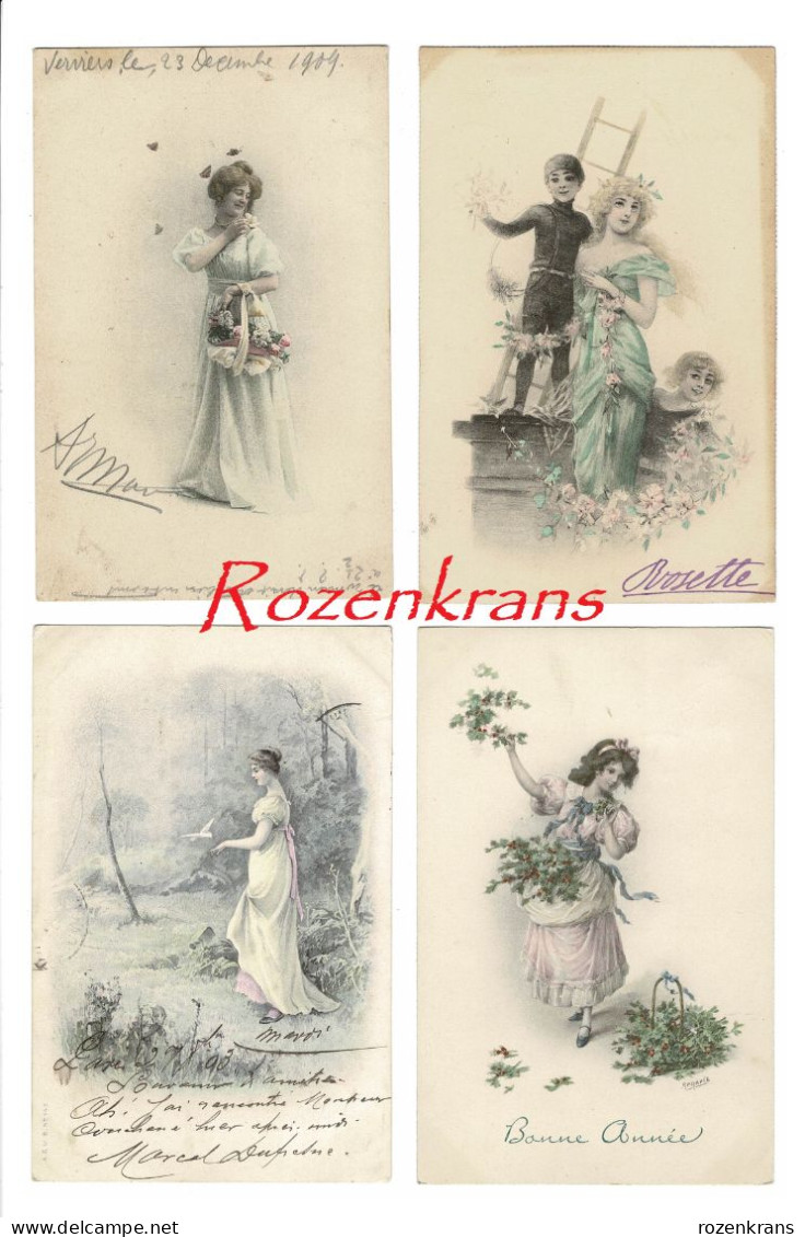 Lot 4 X CPA Illustrateur VK Vienne Style Signee Fille Girl Woman Butterfly Papillon Bird Oiseau Fleurs Ramoneur - Vienne