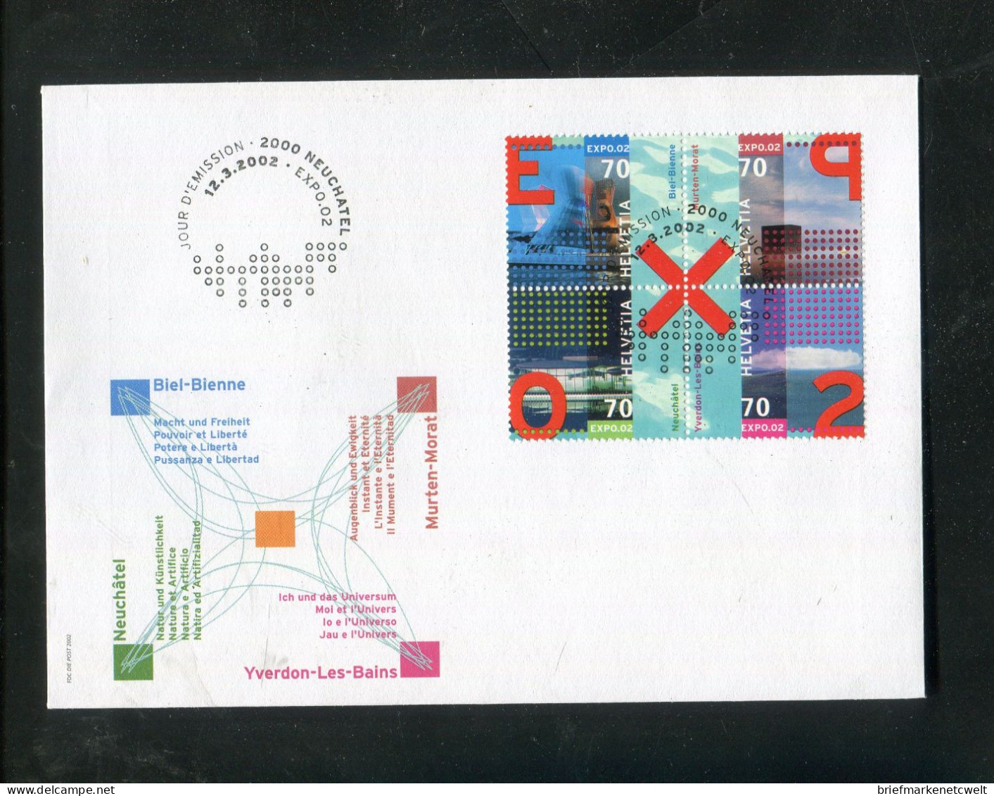 "SCHWEIZ" 2002, Mi. 1785-1788 "EXPO Biel" Zusammendruck-4er-Block FDC (B1156) - FDC