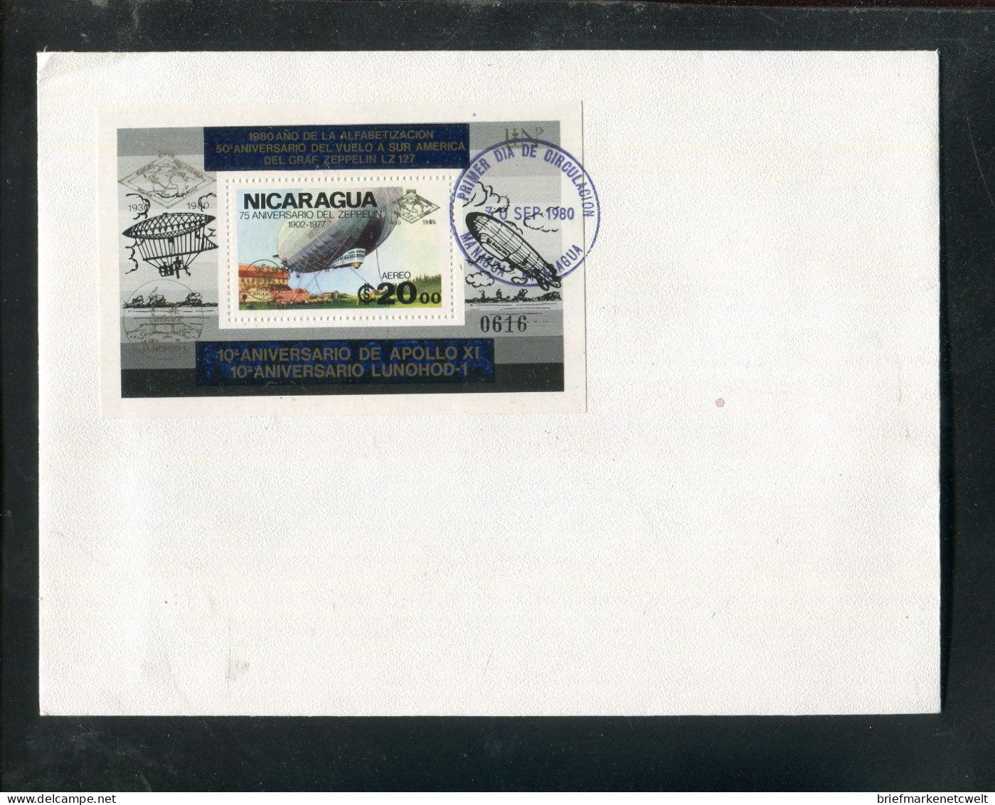 "NICARAGUA" 1980, Block 131 Mit Goldenem Aufdruck Auf Brief Mit Ersttagsstempel (B1159) - Nicaragua