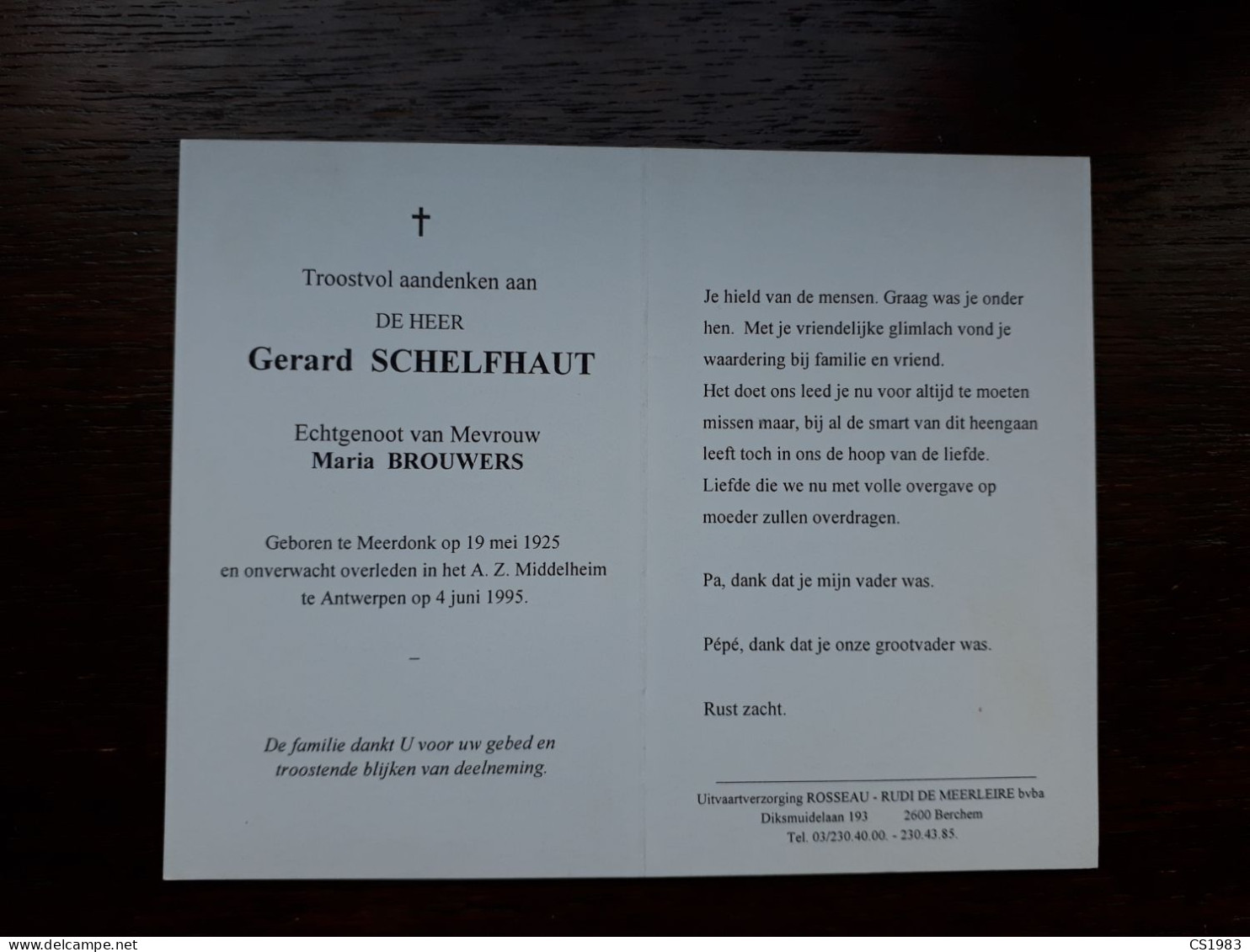 Gerard Schelfhaut ° Meerdonk 1925 + Antwerpen 1995 X Maria Brouwers - Décès