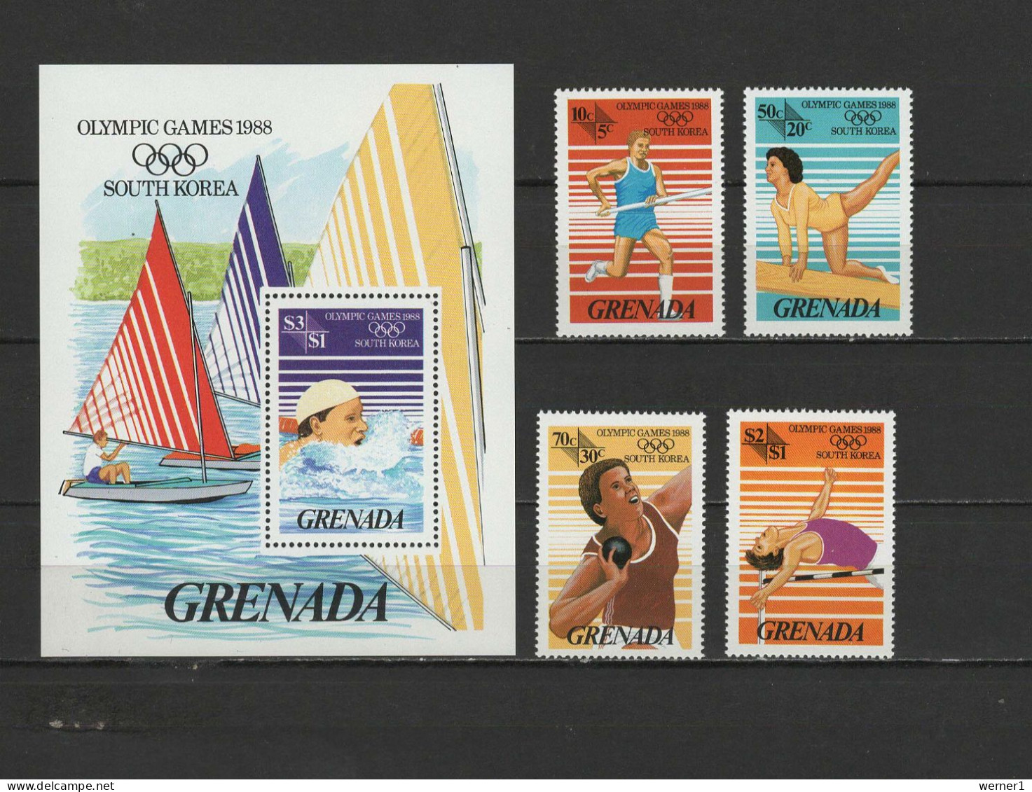 Grenada 1986 Olympic Games Seoul, Sailing, Athletics, Swimming Set Of 4 + S/s MNH - Summer 1988: Seoul