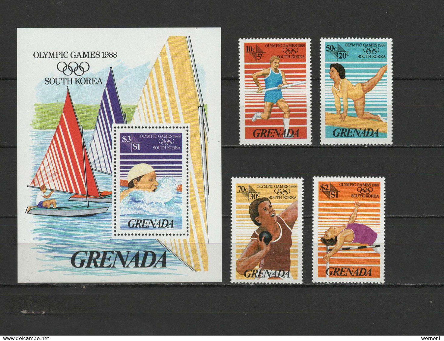 Grenada 1986 Olympic Games Seoul, Sailing, Athletics, Swimming Set Of 4 + S/s MNH - Ete 1988: Séoul