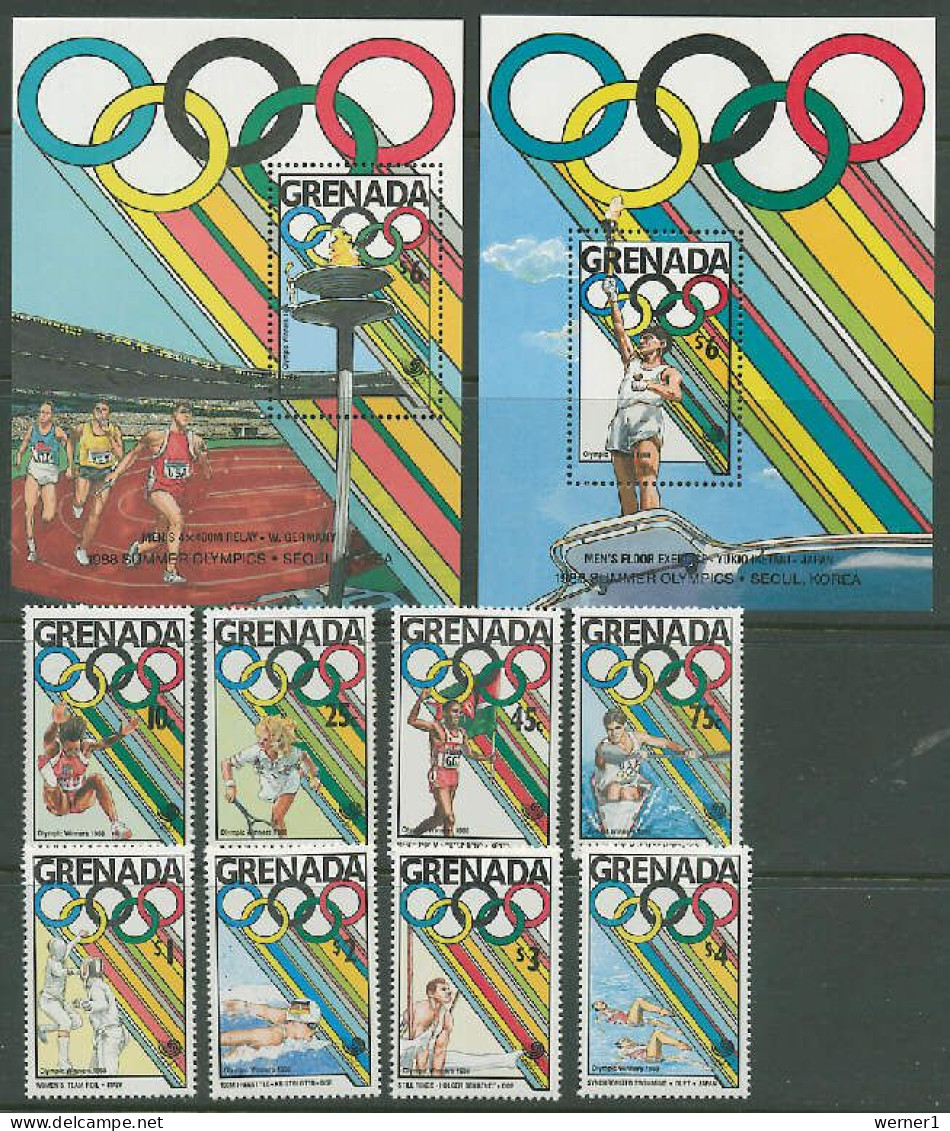 Grenada 1989 Olympic Games Seoul, Tennis, Athletics, Rowing, Fencing, Swimming Set Of 8 + 2 S/s MNH - Zomer 1988: Seoel