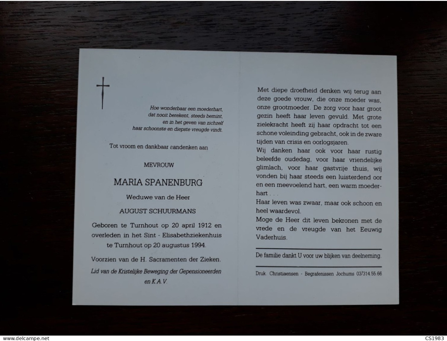 Maria Spanenburg ° Turnhout 1912 + Turnhout 1994 X August Schuurmans - Décès