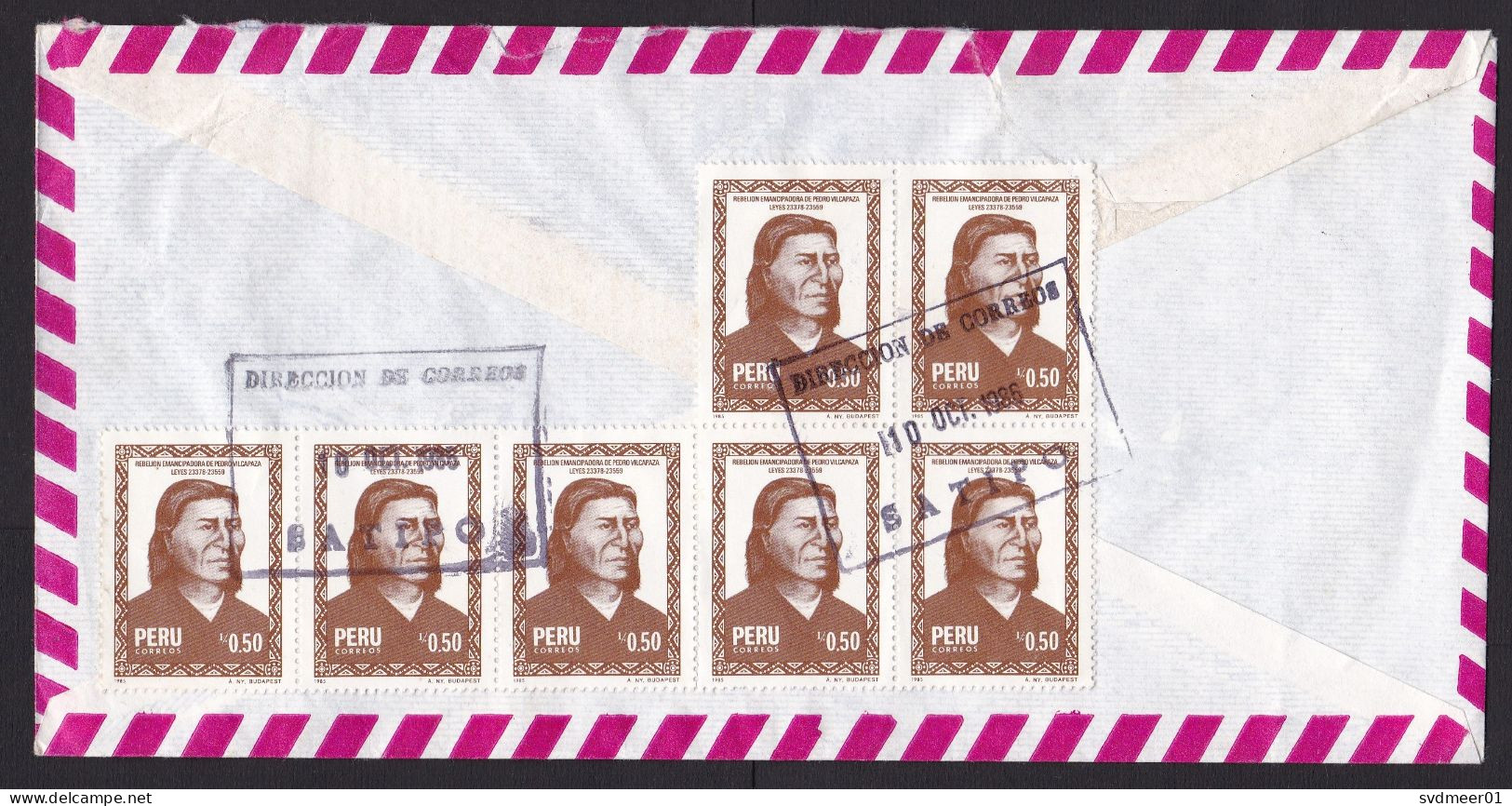 Peru: Airmail Cover To France, 1986, 7 Stamps, History, Cancel Satipo (minor Damage) - Pérou