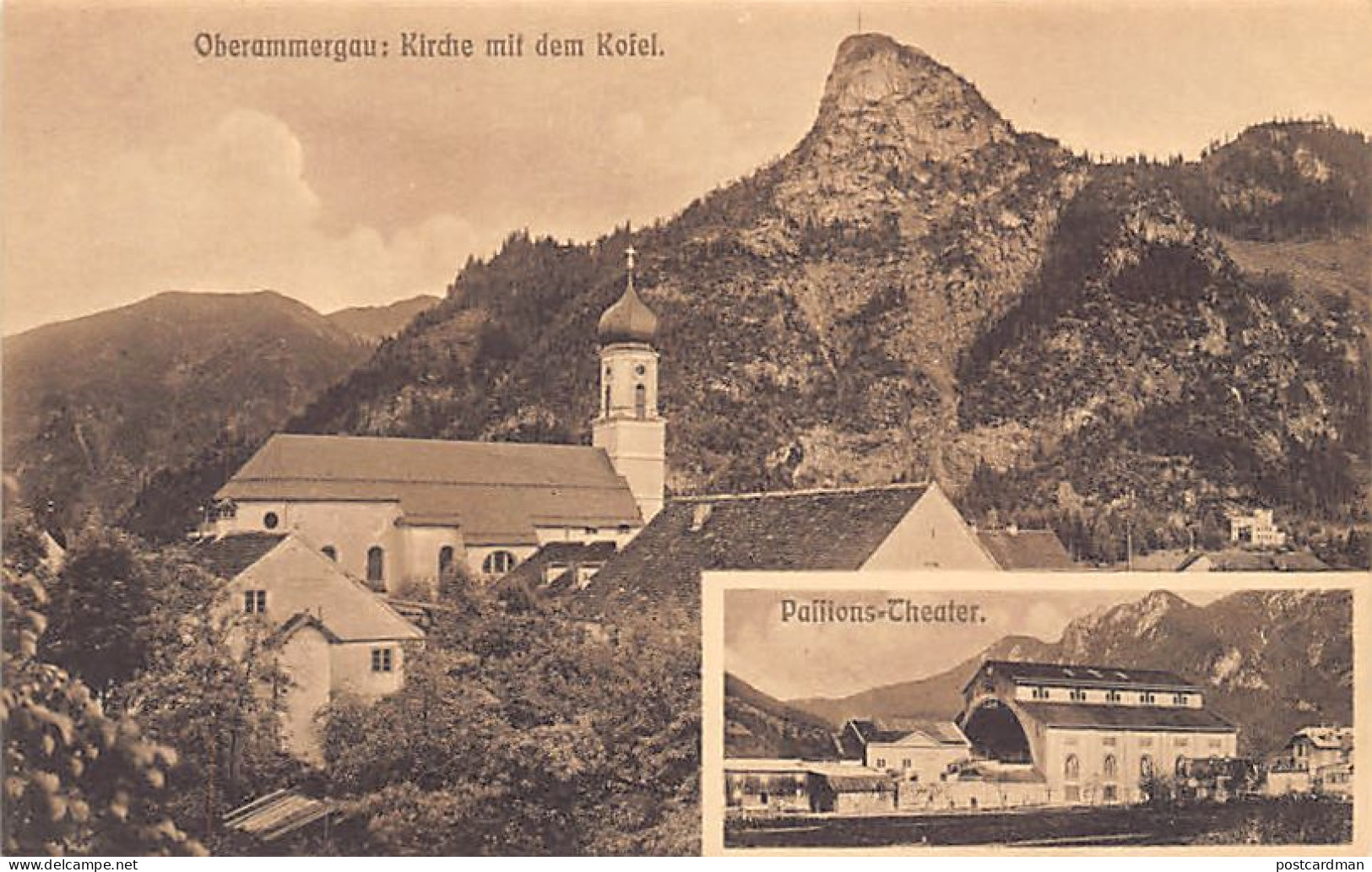 Oberammergau (BY) Kirche Mit Dem Kofel Passions-Theater Originalaufnahme Und Verlag Von Lorenz Fränzl, München - Oberammergau