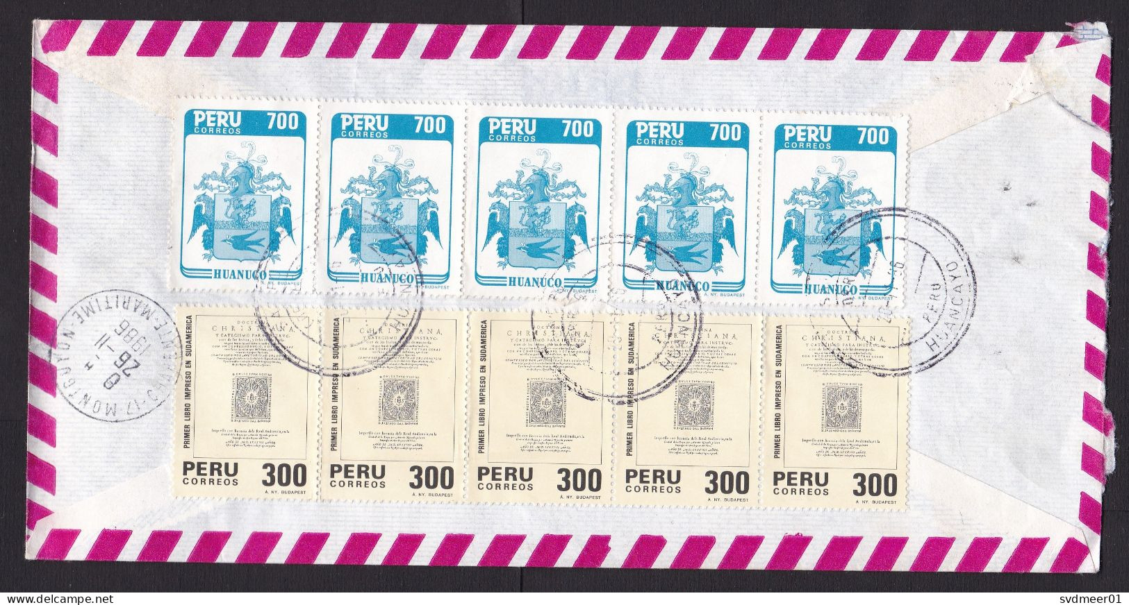 Peru: Registered Airmail Cover To France, 1986, 10 Stamps, Heraldry, History, Inflation (minor Damage) - Peru