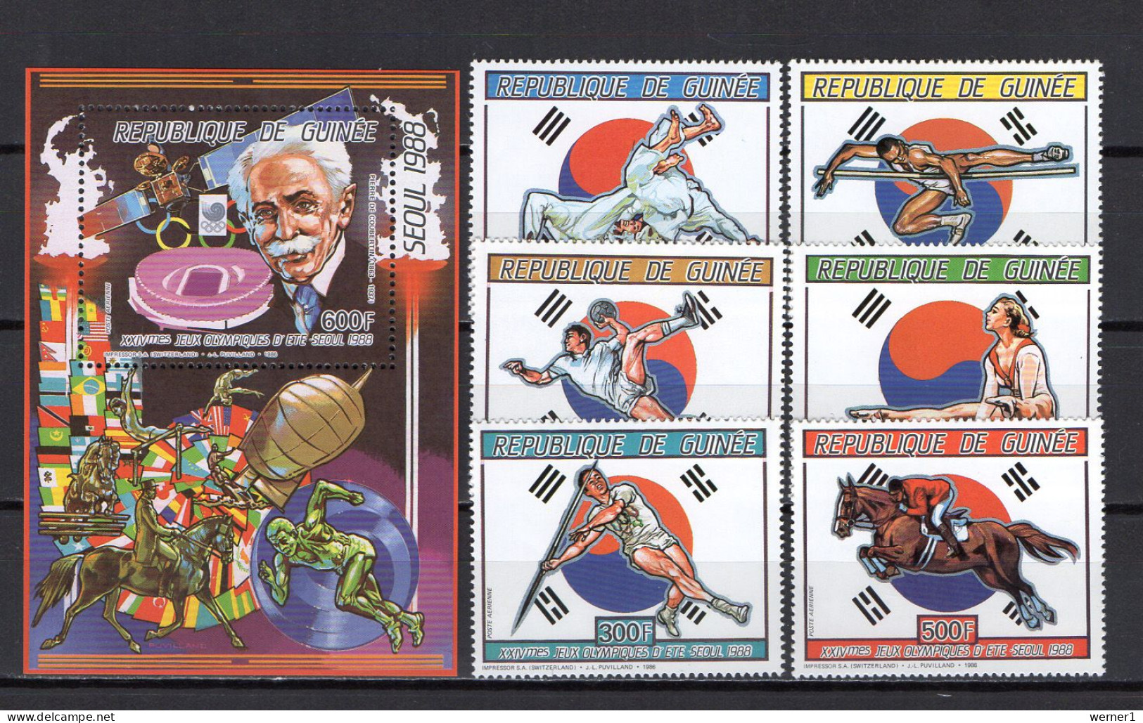 Guinea 1987 Olympic Games Seoul, Space, Judo, Handball, Equestrian, Athletics Set Of 6 + S/s MNH - Verano 1988: Seúl