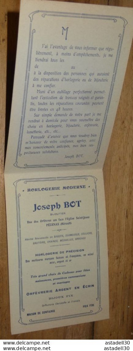 Carte Commerciale Depliant, PEZENAS, Horlogerie Moderne, Joseph BOT ............. E2-41 - Pezenas