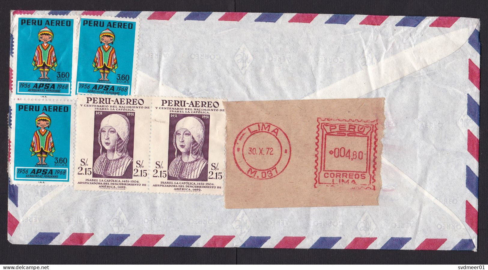 Peru: Registered Airmail Cover To Germany, 1972, 12 Stamps, Meter Cancel, History, No Cancel (minor Damage) - Perù