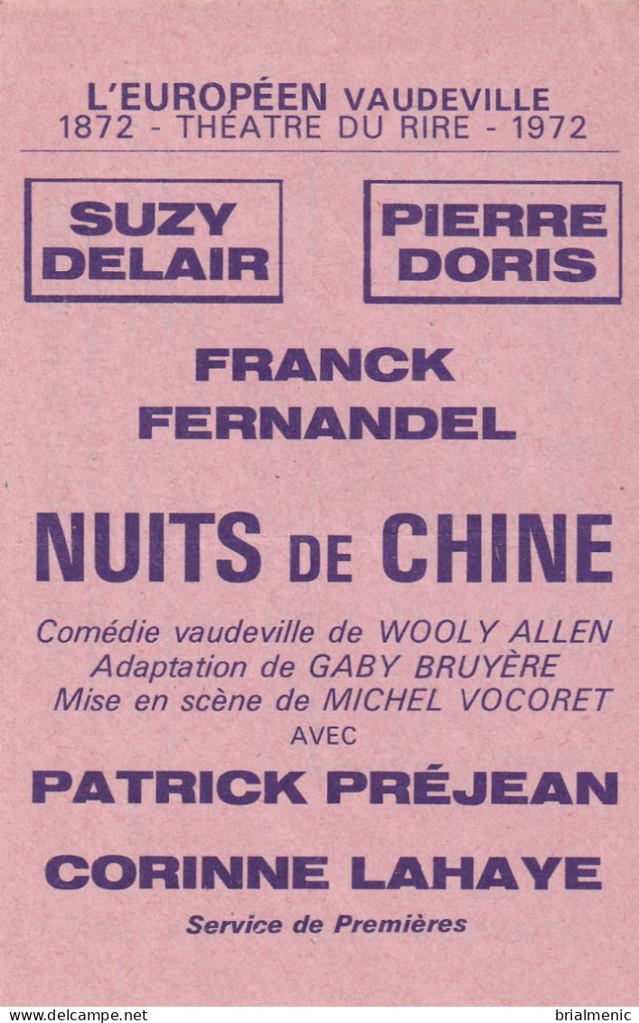 Billet De Théâtre " Nuits De Chine " Avec Suzy Delair Et Pierre Doris - Tickets - Vouchers