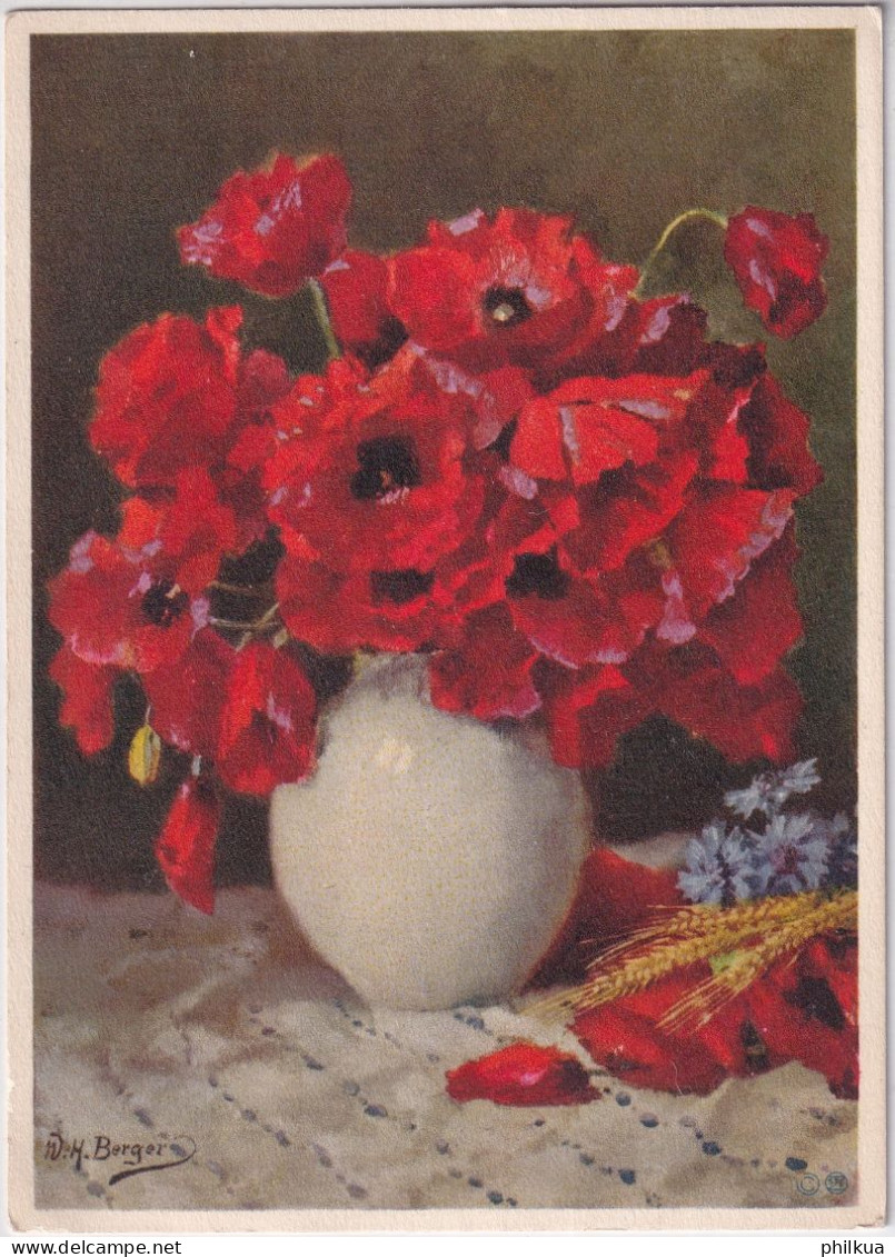 Mohnblumen In Vase - Künstlerkarte W. H. Berger - Gelaufen 1938 Nach Thun - Flores