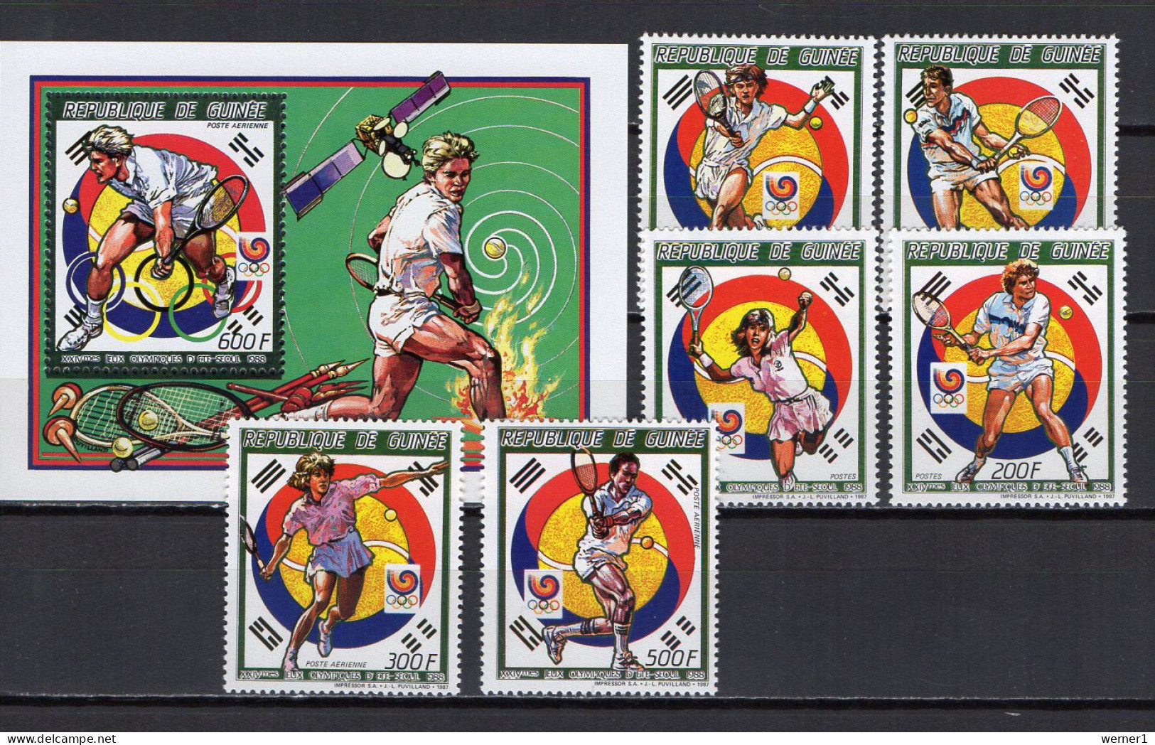 Guinea 1987 Olympic Games Seoul, Space, Tennis Set Of 6 + S/s MNH - Sommer 1988: Seoul