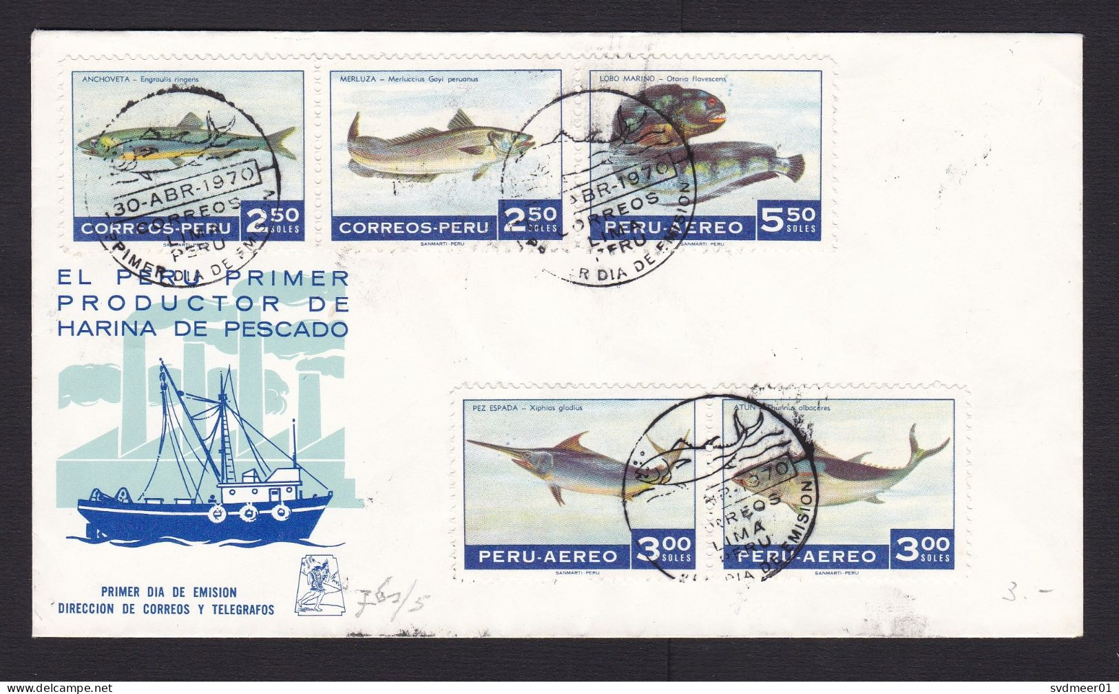 Peru: FDC First Day Cover, 1970, 5 Stamps, Fish, Fishery, Food, Sea Life (minor Damage; Cancel Ink Stains) - Perù