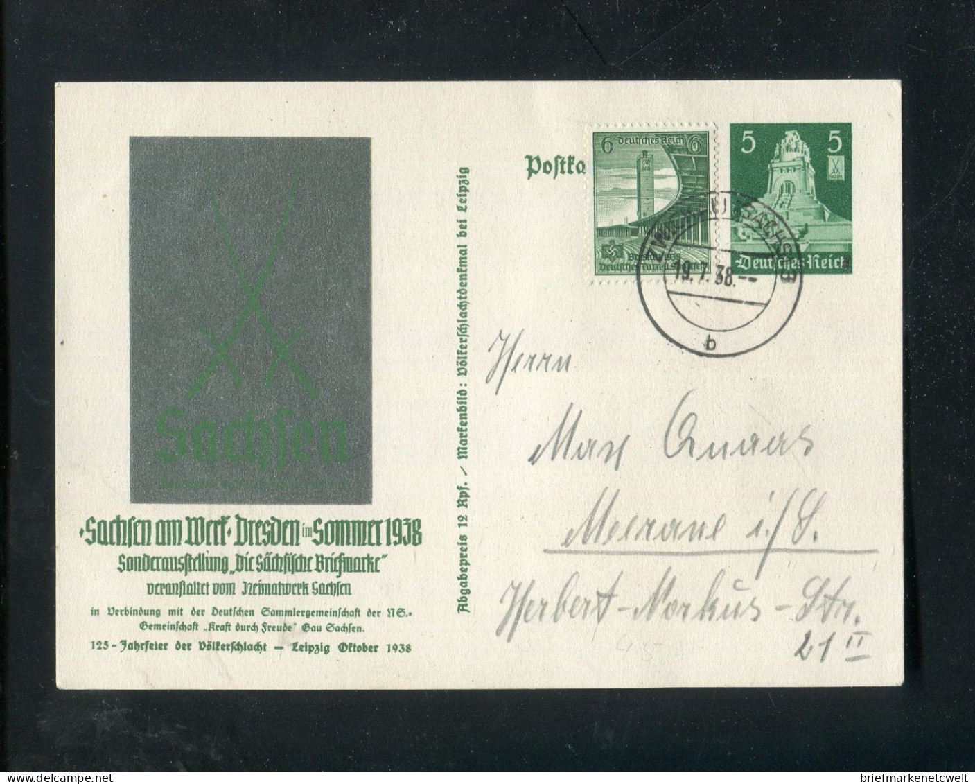 "DEUTSCHES REICH" 1938, Sonderpostkarte Mi. P 269 Mit Zusatzfrank. Stempel "ZWICKAU" Im Fernverkehr Nach Merane (B1172) - Tarjetas