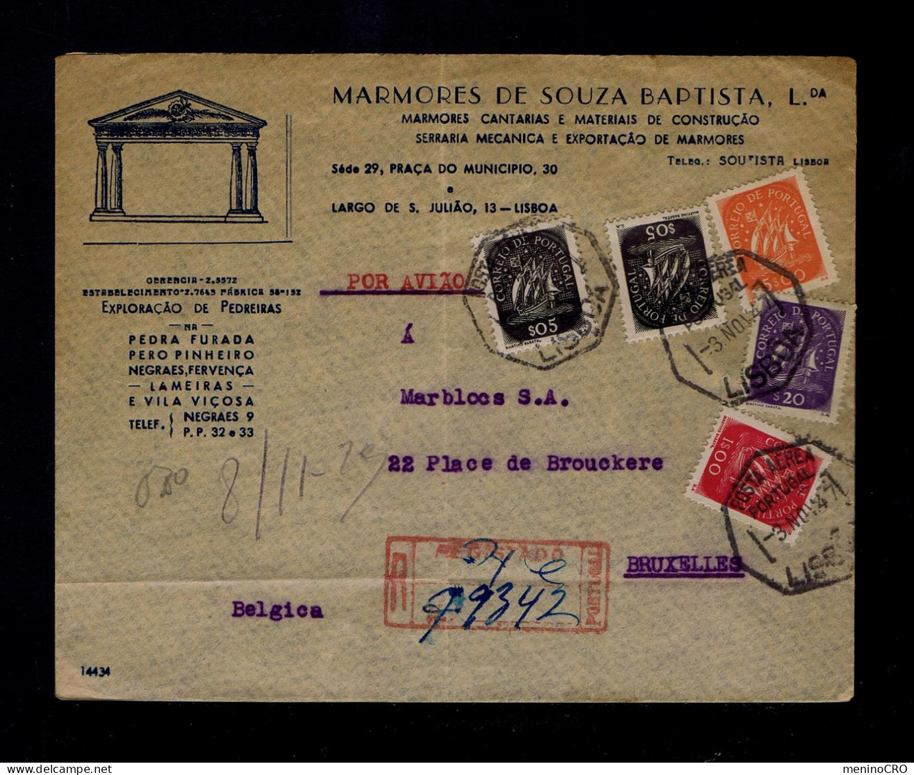 Gc8485 PORTUGAL Publicitary Cover Souza Baptista Ldª (matériaux De Construction En Marbre) 1947 Mailed Bruxelles - Other & Unclassified