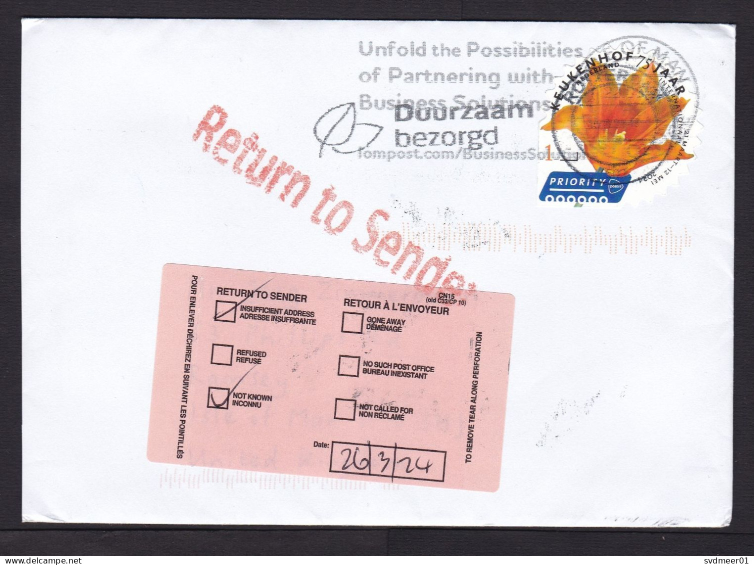 Netherlands: Cover To Isle Of Man, 2024, 1 Odd-shaped Stamp, Lily Flower, Returned, Retour Label, Cancel (traces Of Use) - Covers & Documents