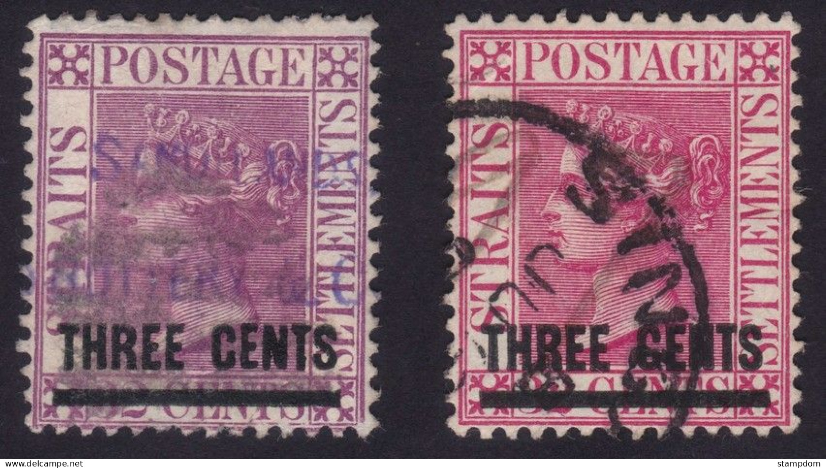 STRAITS SETTLEMENTS 1885-94 Surch 3c/32c Wmk.CA Sc#73-74 - USED @N133 - Straits Settlements