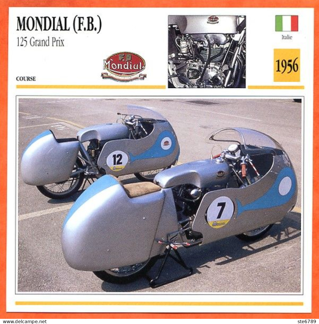 MONDIAL (F.B) 125  1956 Italie Fiche Technique Moto - Sports