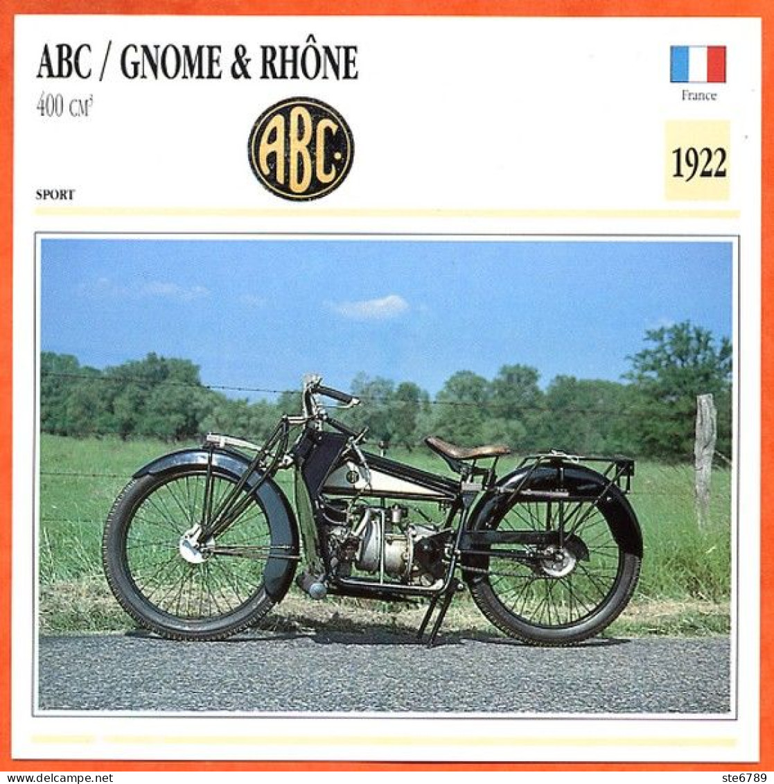 ABC GNOME &amp; RHONE 400 1922 France Fiche Technique Moto - Sport