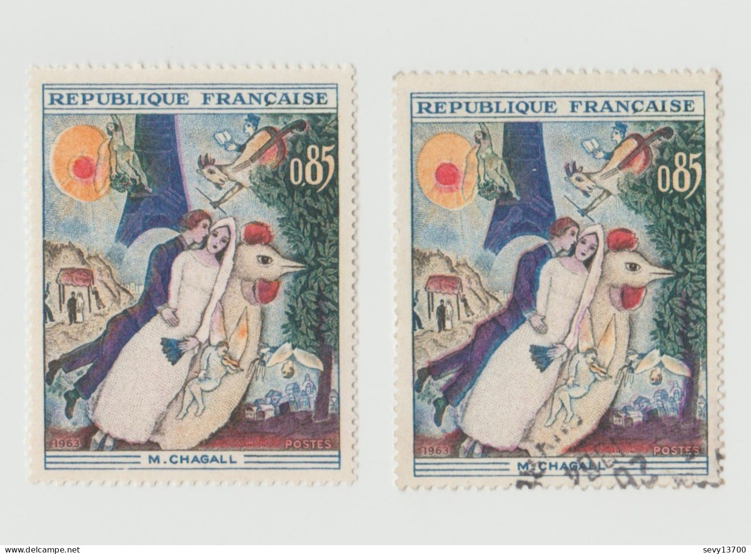 FRANCE Variété Sur 2 Timbres De 1963 YT 1398 Tableau M. Chagall - Croissant De Lune Dans Le Soleil - Décalage De Couleur - Nuevos